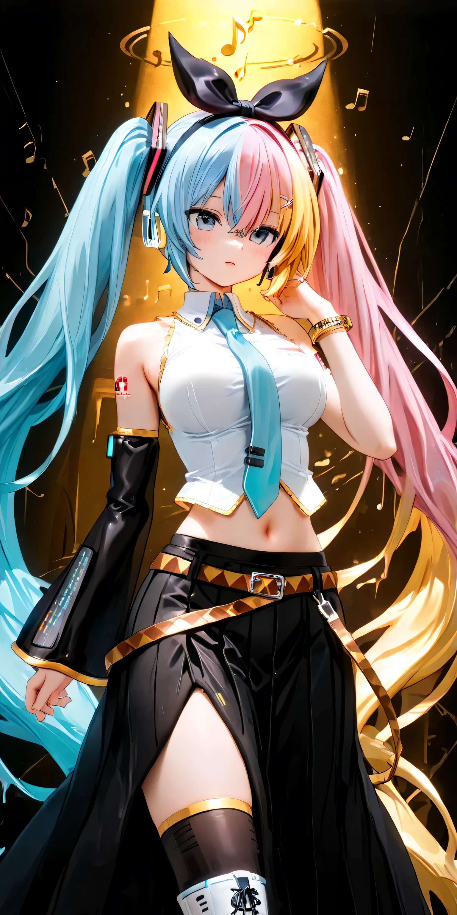 score_9, score_8_up , score_7_up , score_6_up , score_5_up , score_4_up , 1 girl, alone, (( split color hair )), (( blonde hair)), (( light blue hair)), (( pink hair)), big breasts, Luka Megurine, blue eyes, headphones , long hair, LONG BIG TWIN TAILS , pink hair, Arm Cover, bracelet, shoulder out, black shirt, black long skirt,Gold decoration on skirt crop top , midriff, belly button, shirt, shoulder tattoo, single arm warmer, Megurine Luka's skirt, tattoo, Hatsune Miku, absurdly long hair, light blue hair, twin tails, hair ornament , side lock, hair between eyes, split ends,3 color hair color, Aqua Eyes, white shirt,collared shirt, shoulder out,sleeveless shirt, aqua ones, detach sleeve,Black sleeves,shoulder tattoo, fringe , black knee high, long skirt,pleated long skirt,Thigh Boots, Kagamine Rin, short hair, blonde hair, floating hair ,white hair band ,hair bow, white ribbon, hair clips, swift bangs , blue eyes, clavicle , shoulder out,Black sailor collar,white shirt,sleeveless shirt, crop top,midriff, yellow tie ,Black sleeves, detach sleeve, big boobs,belly button,Stomach,gold frilled belt, fringe , long skirt, Black Long Skirt, leg warmers, white footwear, flirting, cowboy shot, stage lights , electronic world,Melted body, Slime girl , liquid ,Fluidity , best quality writing,muddy texture ,melting hair, Melting Skin , large white ribbon on top of head by Kagamine Rin,He is wearing a black headband with a gold decoration on his head(Megurine Luka's Katyusha), Hatsune Miku's Twin Tails Decor (Black Rhombus with Cyan Lines ),pulsating movements,rainbow music score effect on background, rainbow musical note effect,black electronic background,one person,Megurine Luka's black long skirt(Gold ruffles at the waist)(Gold Line)(Chic design)one person,alone,yellow mesh on the hair,alone girl,Composition that doesn't create background margins,Characters drawn in large format on the entire surface,Project up to below the knee,R18,Draw characters all over the screen