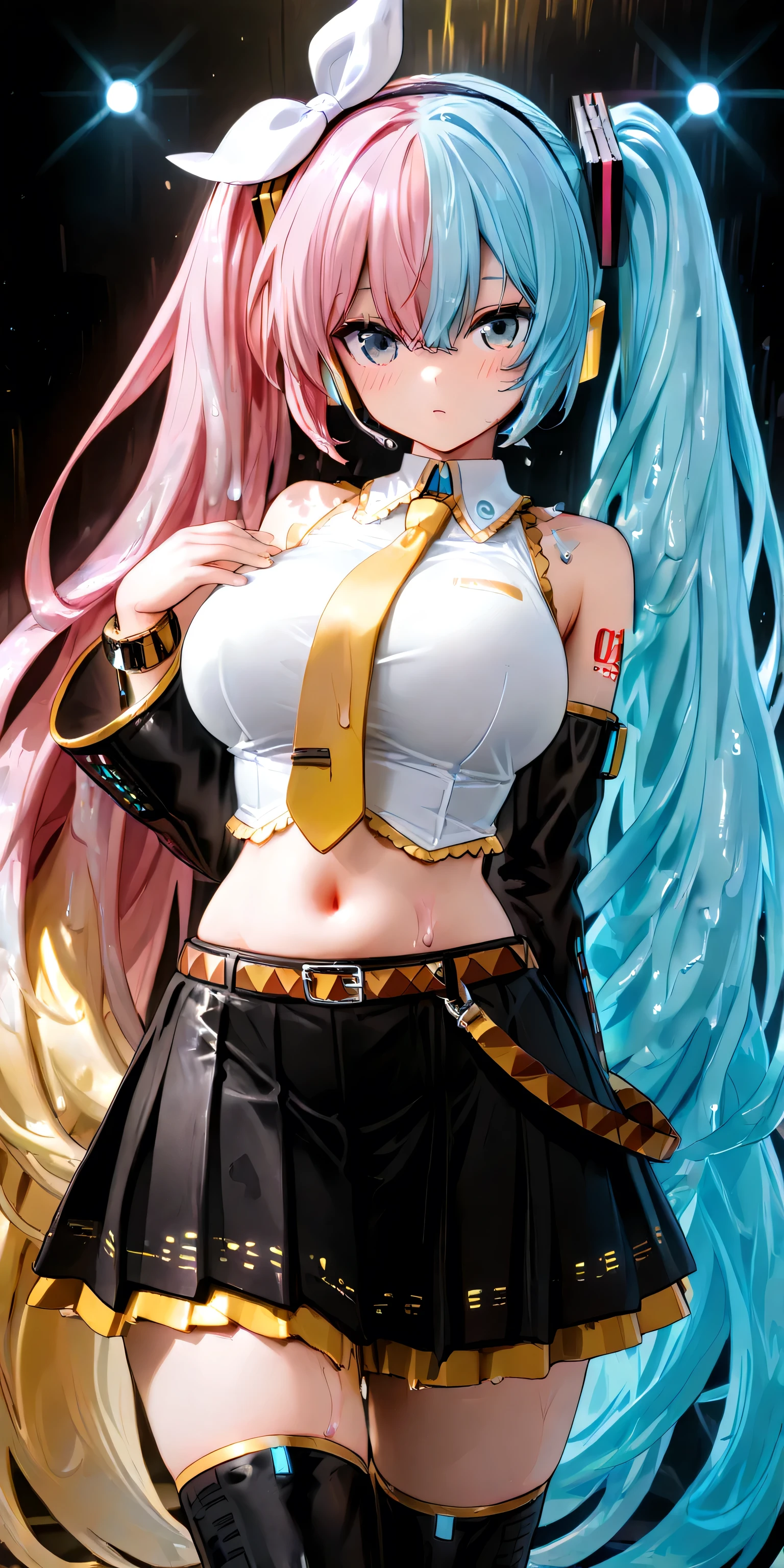 score_9, score_8_up , score_7_up , score_6_up , score_5_up , score_4_up , 1 girl, alone, (( split color hair )), (( blonde hair)), (( light blue hair)), (( pink hair)), big breasts, Luka Megurine, blue eyes, headphones , long hair, LONG BIG TWIN TAILS , pink hair, Arm Cover, bracelet, shoulder out, black shirt, black long skirt,Gold decoration on skirt crop top , midriff, belly button, shirt, shoulder tattoo, single arm warmer, Megurine Luka's skirt, tattoo, Hatsune Miku, absurdly long hair, light blue hair, twin tails, hair ornament , side lock, hair between eyes, split ends,3 color hair color, Aqua Eyes, white shirt,collared shirt, shoulder out,sleeveless shirt, aqua ones, detach sleeve,Black sleeves,shoulder tattoo, fringe , black knee high, long skirt,pleated long skirt,Thigh Boots, Kagamine Rin, short hair, blonde hair, floating hair ,white hair band ,hair bow, white ribbon, hair clips, swift bangs , blue eyes, clavicle , shoulder out,Black sailor collar,white shirt,sleeveless shirt, crop top,midriff, yellow tie ,Black sleeves, detach sleeve, big boobs,belly button,Stomach,gold frilled belt, fringe , long skirt, Black Long Skirt, leg warmers, white footwear, flirting, cowboy shot, stage lights , electronic world,Melted body, Slime girl , liquid ,Fluidity , best quality writing,muddy texture ,melting hair, Melting Skin , large white ribbon on top of head by Kagamine Rin,He is wearing a black headband with a gold decoration on his head(Megurine Luka's Katyusha), Hatsune Miku's Twin Tails Decor (Black Rhombus with Cyan Lines ),pulsating movements,rainbow music score effect on background, rainbow musical note effect,black electronic background,one person,Megurine Luka's black long skirt(Gold ruffles at the waist)(Gold Line)(Chic design)one person,alone,yellow mesh on the hair,alone girl,Composition that doesn't create background margins,Characters drawn in large format on the entire surface,Project up to below the knee,R18,Draw characters all over the screen
