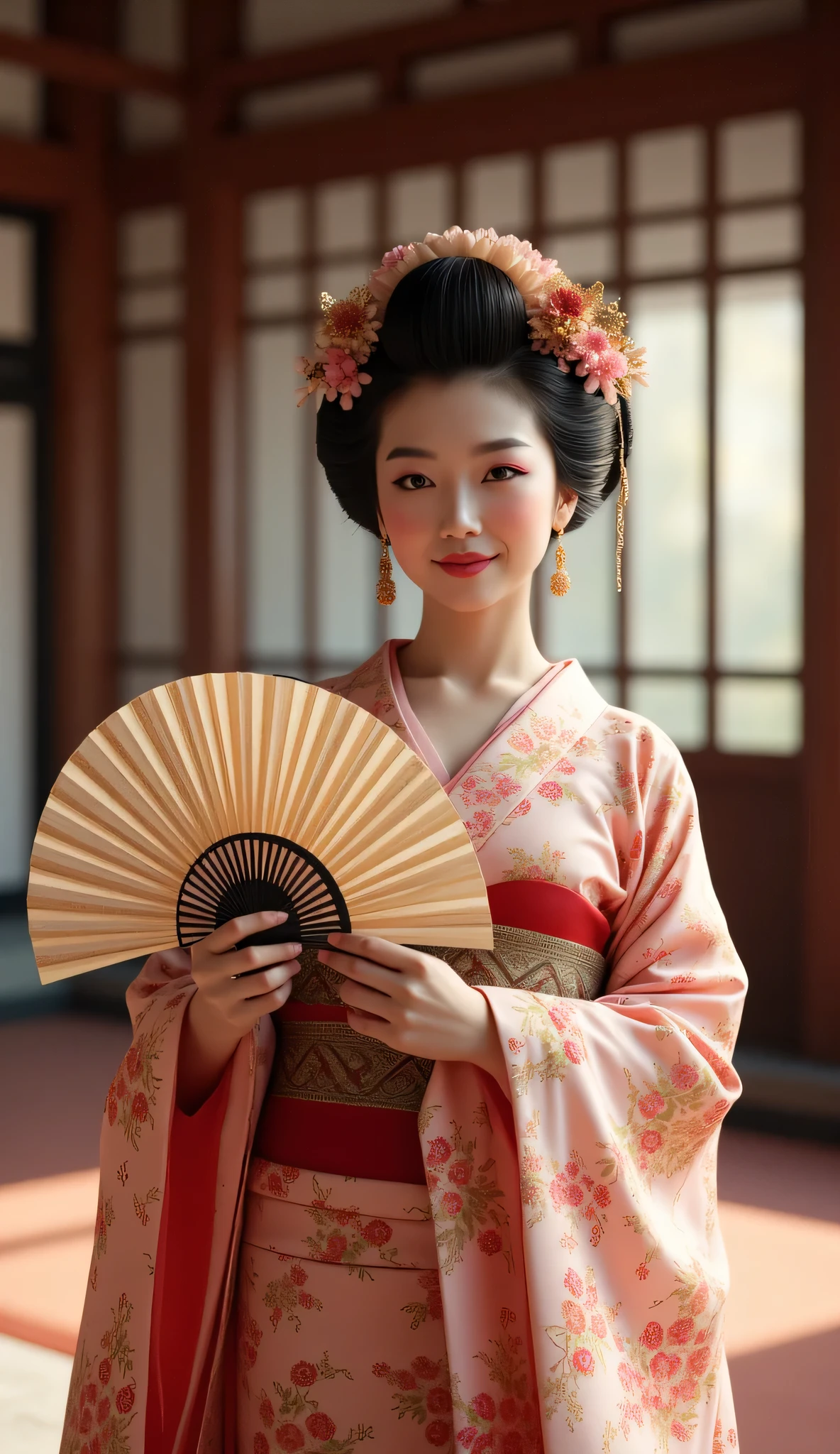**Prompt:** Create a symmetrically balanced wide-angle image that captures the essence of the ancient folk beautiful traditional oiran in ancient japan era. The focal point of the scene is a hyper-realistic busty and lively ancient courtesan geisha Japanese woman, portrayed as a folk busty chubb Japanese geisha. She exudes charm with a gentle blush and a warm smile, dressed in a beautifully shaped traditional Japanese kimono dress 👘 that accentuates her figure, complemented by an elegantly tied obi. In her hand, she gracefully displays a large, intricately designed folding fan that catches the light, enhancing the richness of the image. The composition features wide central leading lines, drawing the viewer's eye into the magnificent interior of an ancient Japanese palace, adorned with traditional architecture. The soft lighting envelops the scene, providing a full depth of field that brings the details to life—from the shiny texture of her hair to the realistic depiction of her hands with accurately portrayed fingers. The artistic style draws inspiration from modeling photography, with influences from platforms like ArtStation and DeviantArt, creating an ultra-realistic 3D computer graphics vibe infused with elements of silkPunkAi artwork for lifelike texture depth. The image should be rendered in 8K ultra high-definition quality to showcase every intricacy and detail, presenting a RAW photo-like experience that invites admiration and wonder. Keywords to emphasize: Tokugawa era, hyper-realistic, ancient Japanese woman, folk busty geisha, traditional kimono obi, intricately folding fan, ancient Japanese palace, soft lighting, modeling photography, ultra high-definition, lifelike texture depth.