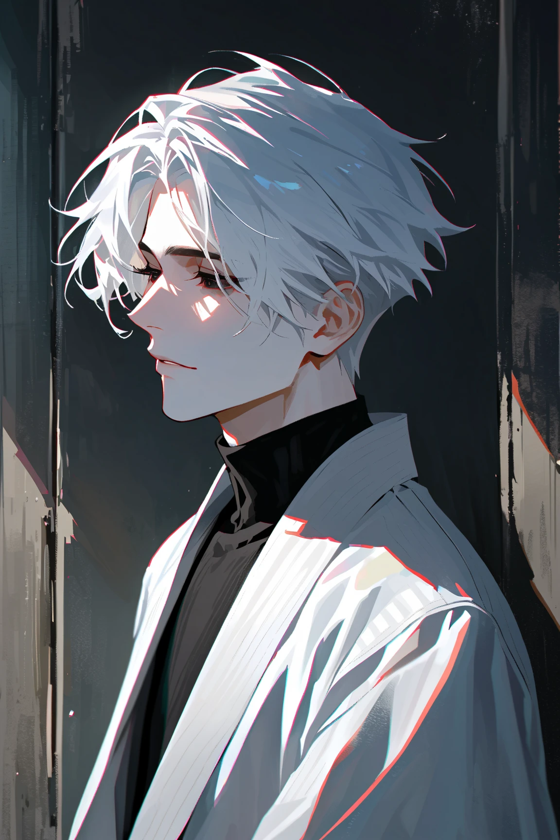 impasto, short hair, masterpiece, best quality, 1 man , white hair , perfect face , black eye , handsome male , Alone, pale skin , adult male , upper body , delicate line drawing,Extremely detailed , a faint smile, black turtleneck