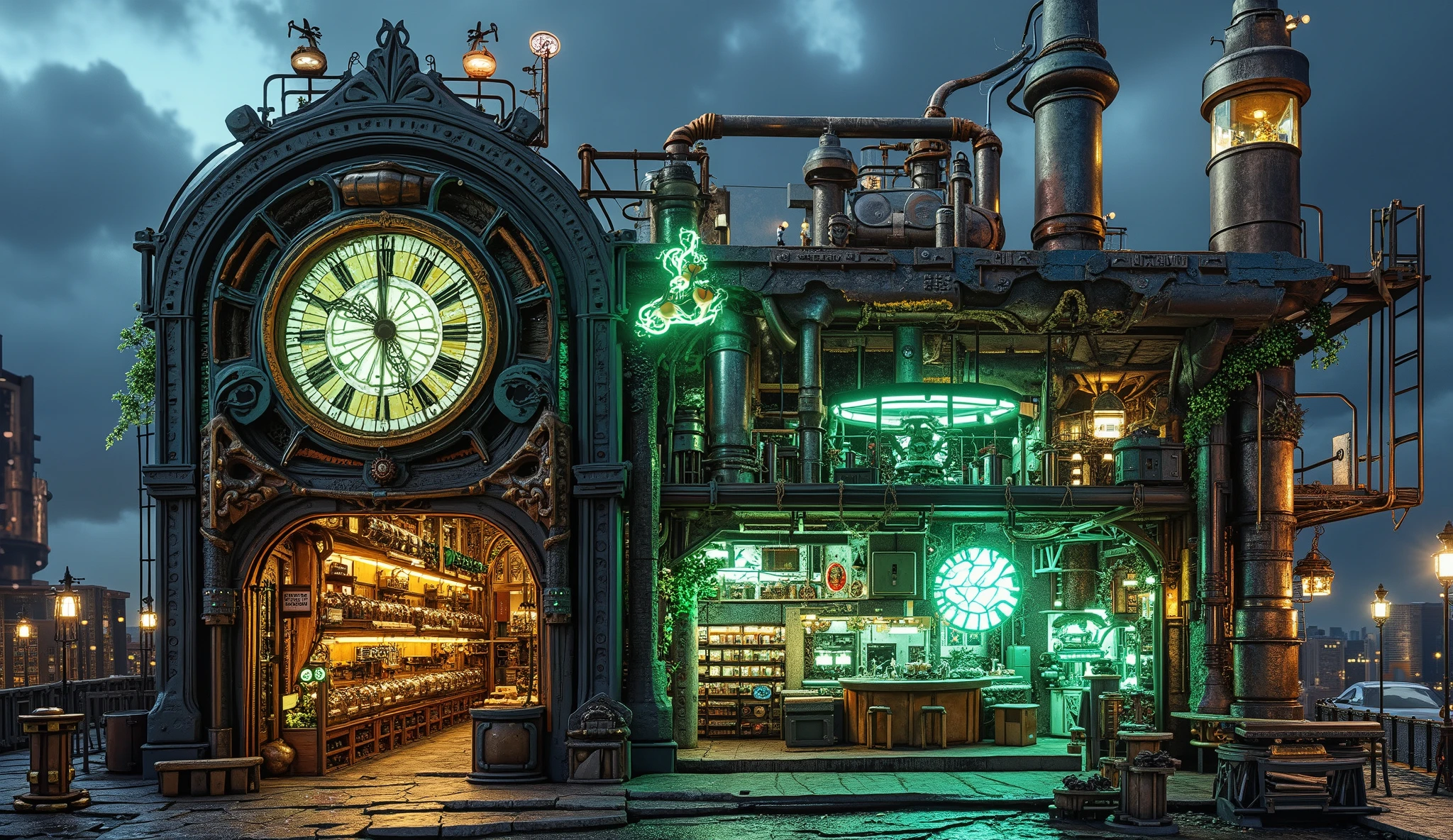 A biopunk laboratory integrated into a massive steampunk clock tower. The clock tower is made of brass and bronze, with intricate gears visible through glass panels. Organic roots and glowing vines wrap around the structure, and neon-green fluids flow through translucent tubes. Inside the laboratory, scientists work with bio-engineered organisms under glowing neon lights. The sky is dark and smoky, with steam rising from nearby pipes. Ultra-detailed, cinematic lighting, 8k resolution.