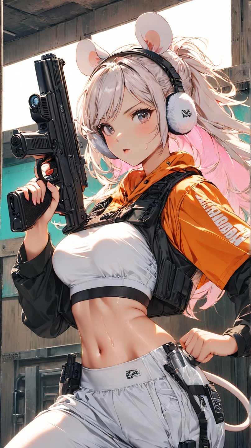 Top quality, best image quality, masterpiece, girl and ((black tank top, short denim shorts, 18 years old, teenager, cute, best bust, big bust, beautiful sparkling blue eyes, wide chest, pink Semi-long hair, slender body, large cleavage, with sniper rifle, headphones, glowing back jet, battle pose, shooting, water splash, ), high quality, beautiful art, background ((space battlefield)) ), depth (Earth), tabletop, depth of field, cinematic style