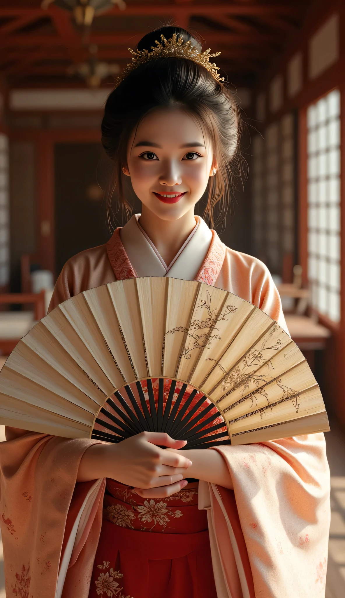 **Prompt:** Create a symmetrically balanced wide-angle image that captures the essence of the ancient Tokugawa era in Japan. The focal point of the scene is a hyper-realistic and lively ancient Japanese woman, portrayed as a folk bust geisha. She exudes charm with a gentle blush and a warm smile, dressed in a beautifully shaped traditional kimono that accentuates her figure, complemented by an elegantly tied obi. In her hand, she gracefully displays a large, intricately designed folding fan that catches the light, enhancing the richness of the image. The composition features wide central leading lines, drawing the viewer's eye into the magnificent interior of an ancient Japanese palace, adorned with traditional architecture. The soft lighting envelops the scene, providing a full depth of field that brings the details to life—from the shiny texture of her hair to the realistic depiction of her hands with accurately portrayed fingers. The artistic style draws inspiration from modeling photography, with influences from platforms like ArtStation and DeviantArt, creating an ultra-realistic 3D computer graphics vibe infused with elements of silkPunkAi artwork for lifelike texture depth. The image should be rendered in 8K ultra high-definition quality to showcase every intricacy and detail, presenting a RAW photo-like experience that invites admiration and wonder. Keywords to emphasize: Tokugawa era, hyper-realistic, ancient Japanese woman, folk bust geisha, traditional kimono, intricately folding fan, ancient Japanese palace, soft lighting, modeling photography, ultra high-definition, lifelike texture depth.