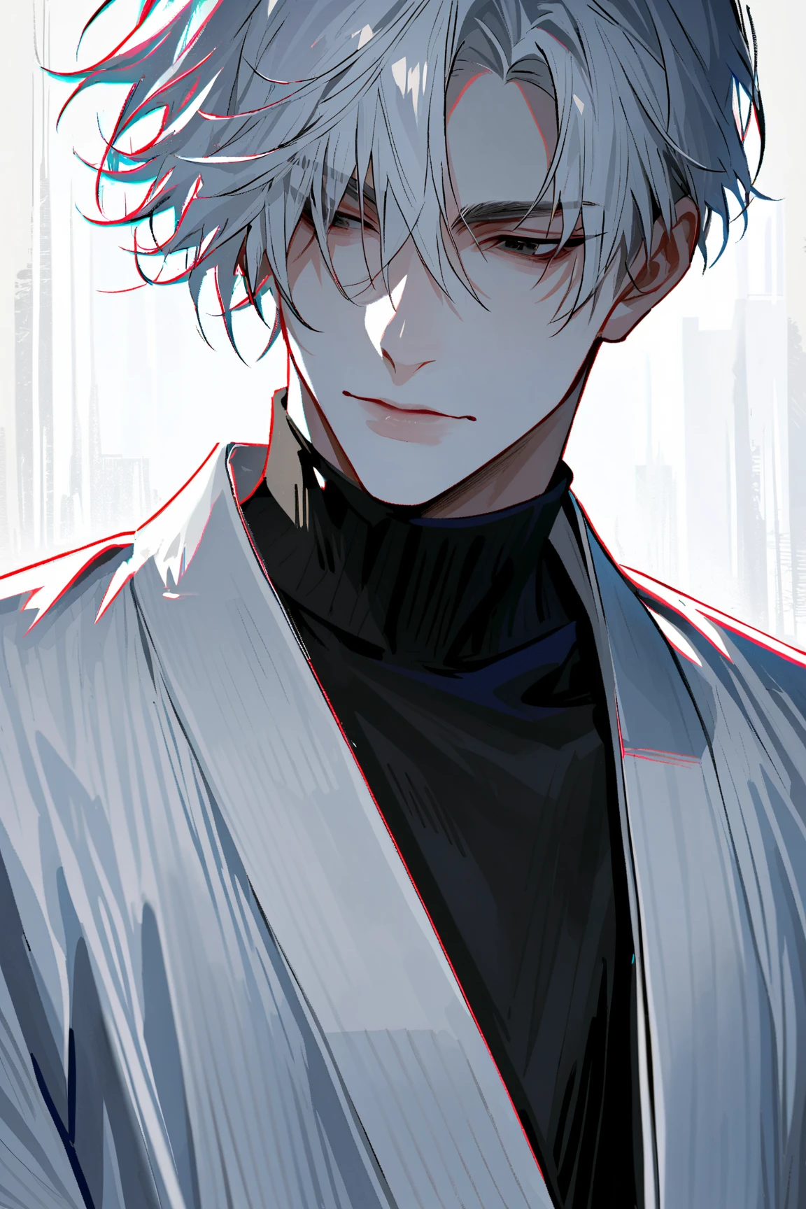 impasto, short hair, masterpiece, best quality, 1 man , white hair , perfect face , black eye , handsome male , Alone, pale skin , adult male , upper body , delicate line drawing,Extremely detailed , a faint smile, black turtleneck