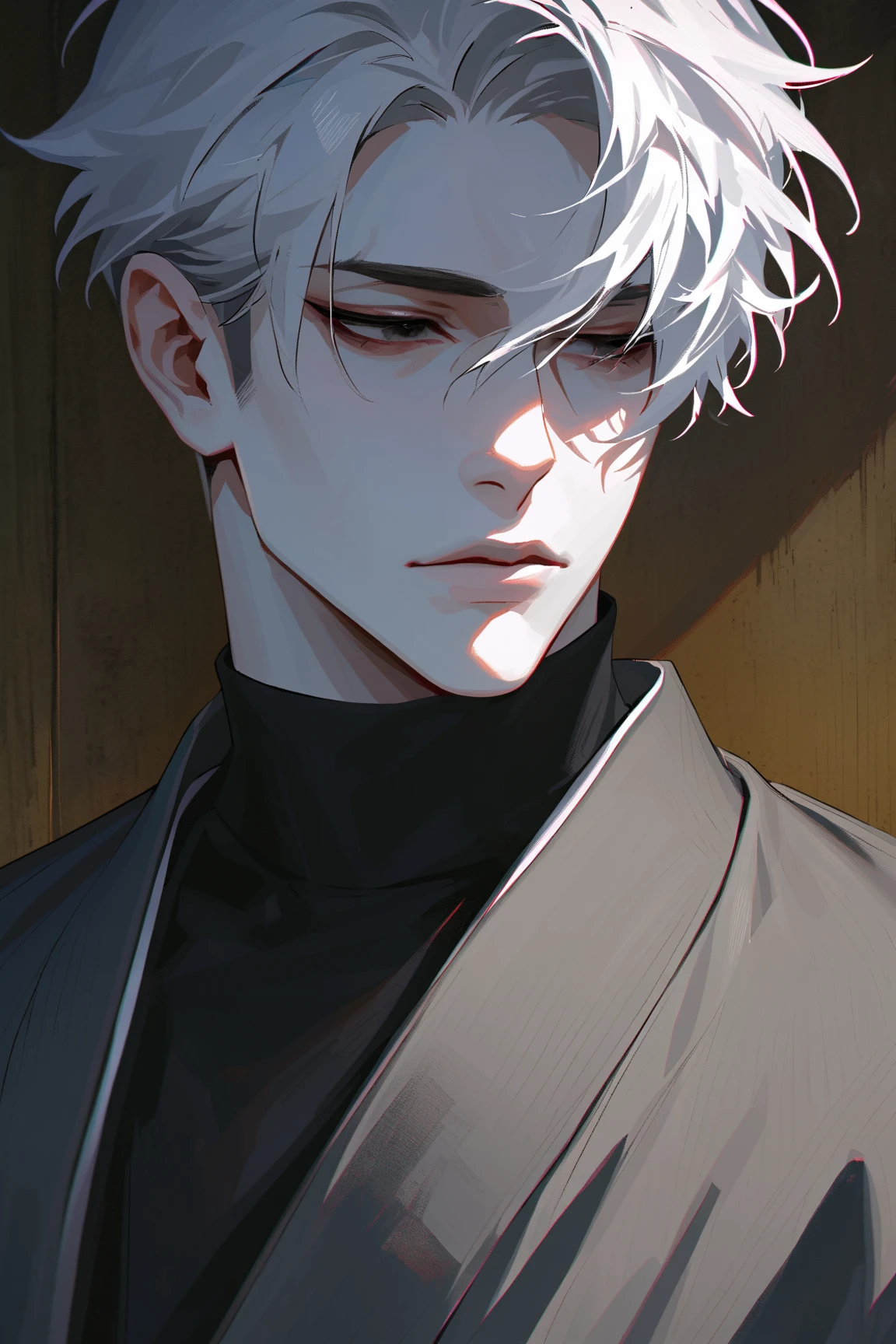 impasto, short hair, masterpiece, best quality, 1 man , white hair , perfect face , black eye , handsome male , Alone, pale skin , adult male , upper body , delicate line drawing,Extremely detailed , a faint smile, black turtleneck