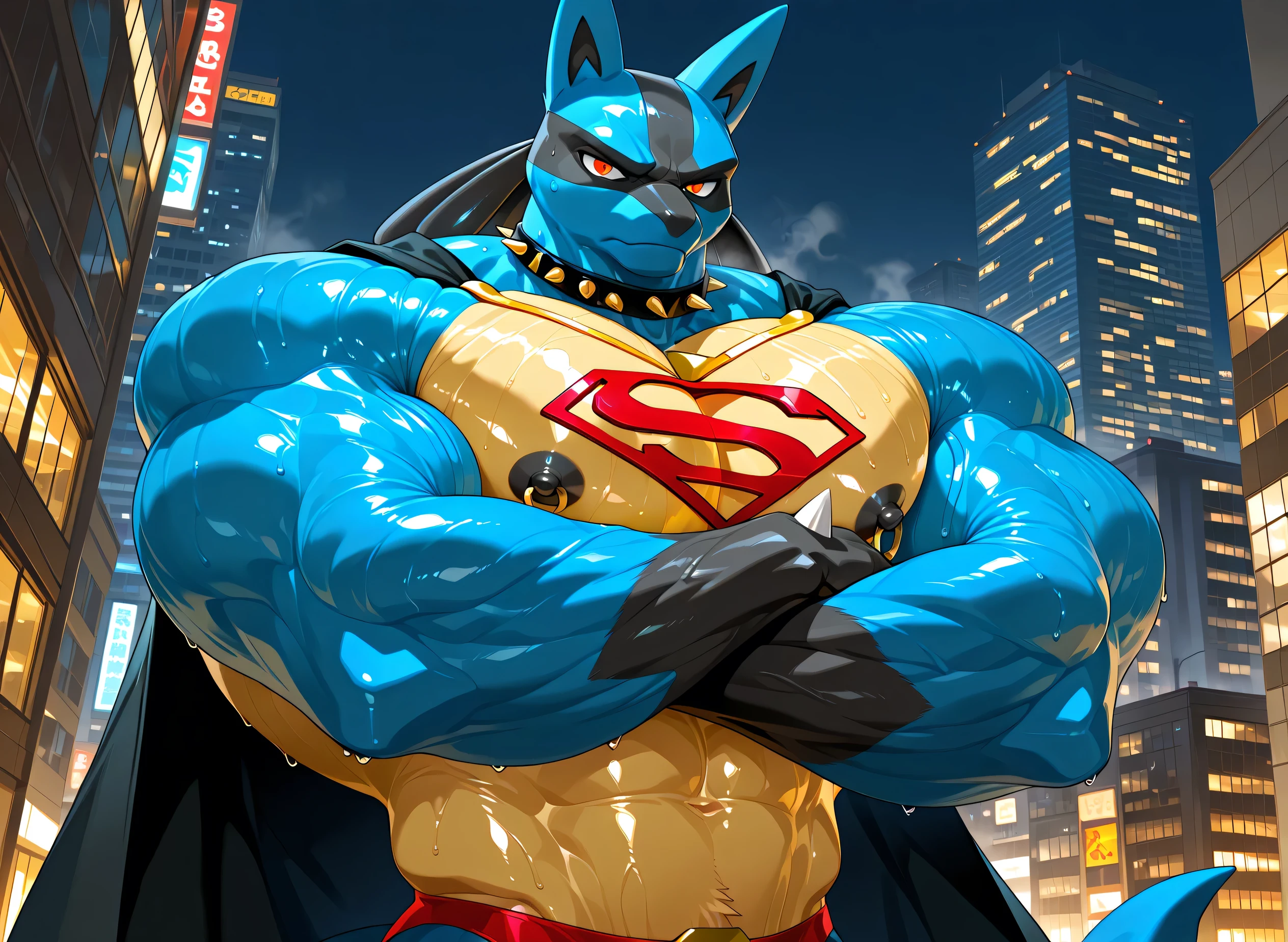 kemono, by null-ghost, by zixiong, solo, male, tail, Lucario, anthro, black nipples, big nipples, gold nipple rings, sweaty, handsome, broad shoulders, broad chest, huge muscular, posing, thick neck, thick arms, blue arms, pectorals crushing city, bedroom eyes, looking at viewer, angry, macro, city, buildings, wearing gold chains around neck, wearing a spiked collar on his neck, wearing superman outfit, superman symbol on center of chest, black cape, detailed background, sweaty, crossed arms, low view, close shot of chest and face, body fills frame, BREAK score_9_up,score_8_up,score_7_up,score_6_up,score_5_up,score_4_up