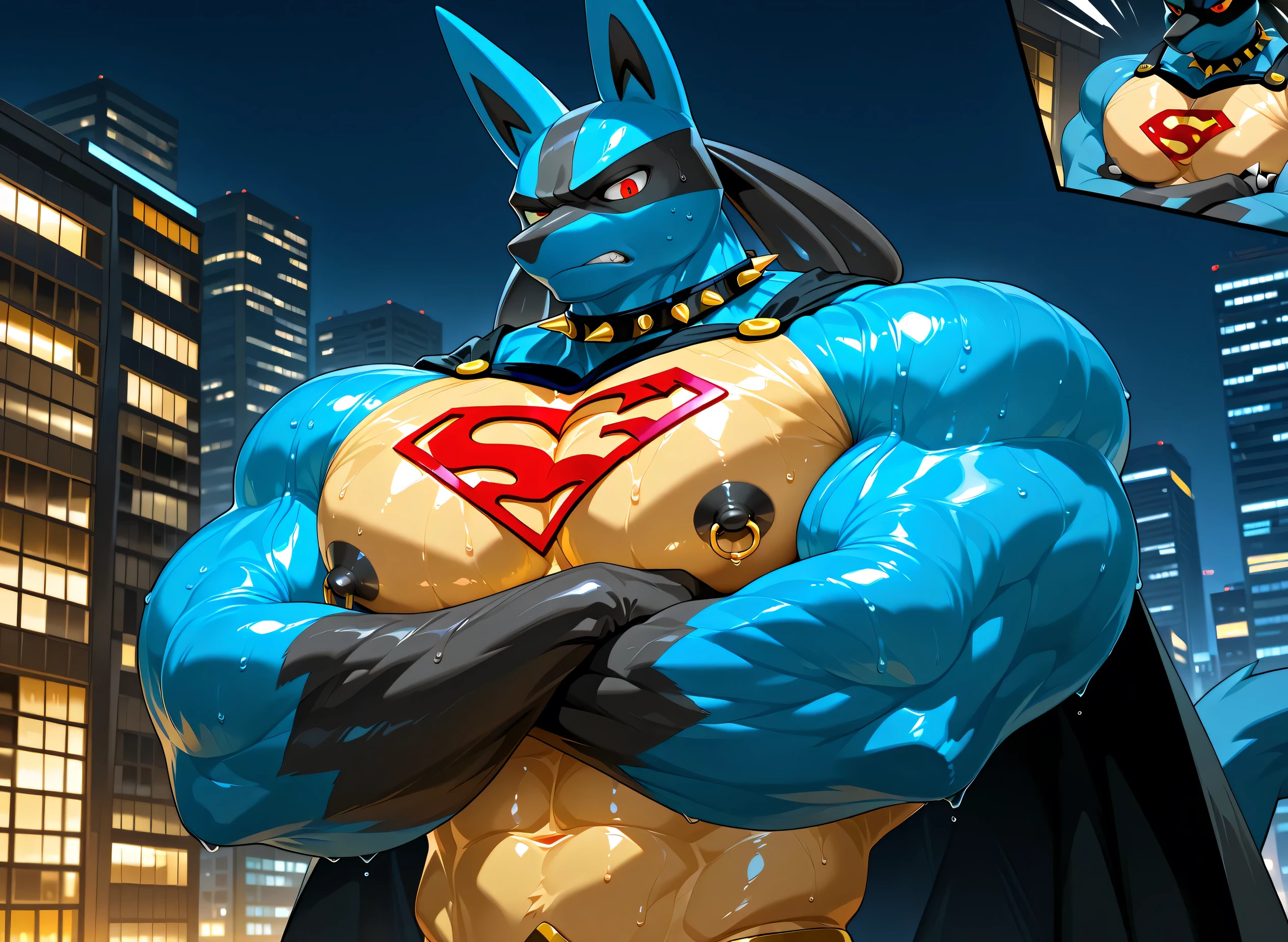 kemono, by null-ghost, by zixiong, solo, male, tail, Lucario, anthro, black nipples, big nipples, gold nipple rings, sweaty, handsome, broad shoulders, broad chest, huge muscular, posing, thick neck, thick arms, blue arms, pectorals crushing city, bedroom eyes, looking at viewer, angry, macro, city, buildings, wearing gold chains around neck, wearing a spiked collar on his neck, wearing superman outfit, superman symbol on center of chest, black cape, detailed background, sweaty, crossed arms, low view, close shot of chest and face, body fills frame, BREAK score_9_up,score_8_up,score_7_up,score_6_up,score_5_up,score_4_up