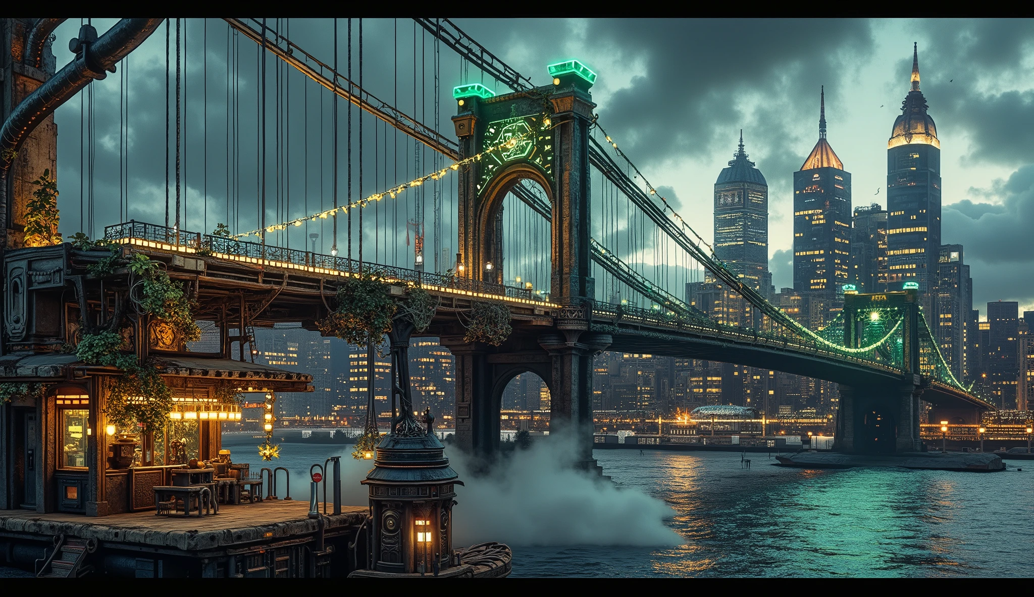 A massive suspension bridge in a steampunk-biopunk city. The bridge is made of brass and steel, with glowing neon-green gas lamps lining its edges. Organic vines with bioluminescent patterns grow along the cables, and steam vents release clouds of vapor below. In the distance, towering Victorian-style buildings with glowing windows rise above the dark, smoky sky. Ultra-detailed, cinematic lighting, 8k resolution.