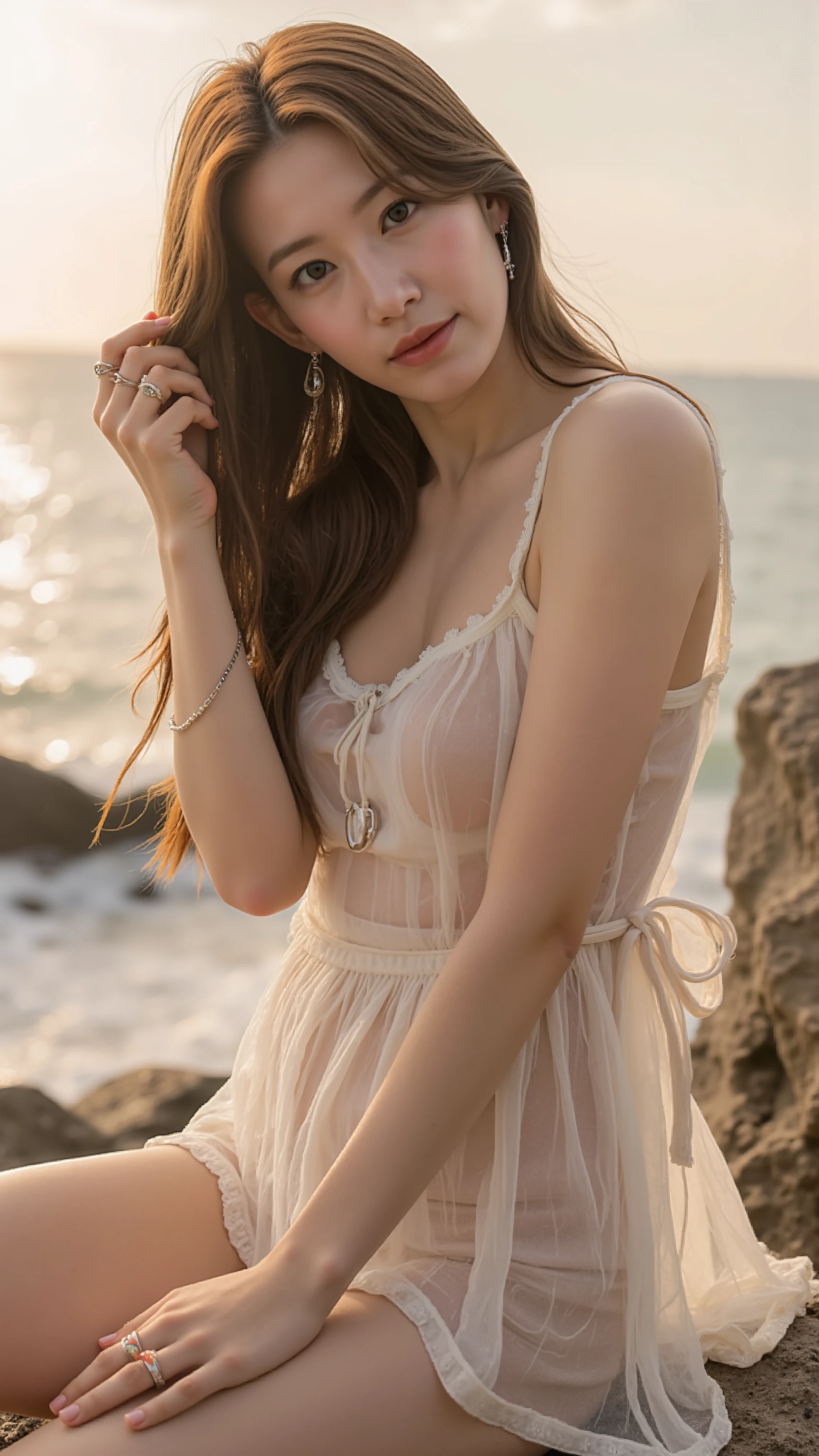The high resolution photograph of a Japanese young beautiful woman with long brown hair in sleeveless transparent sundress, covered nipples, an elegant lady with smile, slender, slim and thin body, tiny breasts, earrings, bracelet, rings, gem, jewelry, detailed face, detailed eyes, sophisticated nose, detailed hair, detailed skin, pale skin,, dynamic pose for gravure photography,,, outdoors, ocean view, beach, magic hour, sunset, at dusk,,,,, masterpiece, amazing quality, photo-realistic, sharp focus, professional lighting, intricate details, 8k,