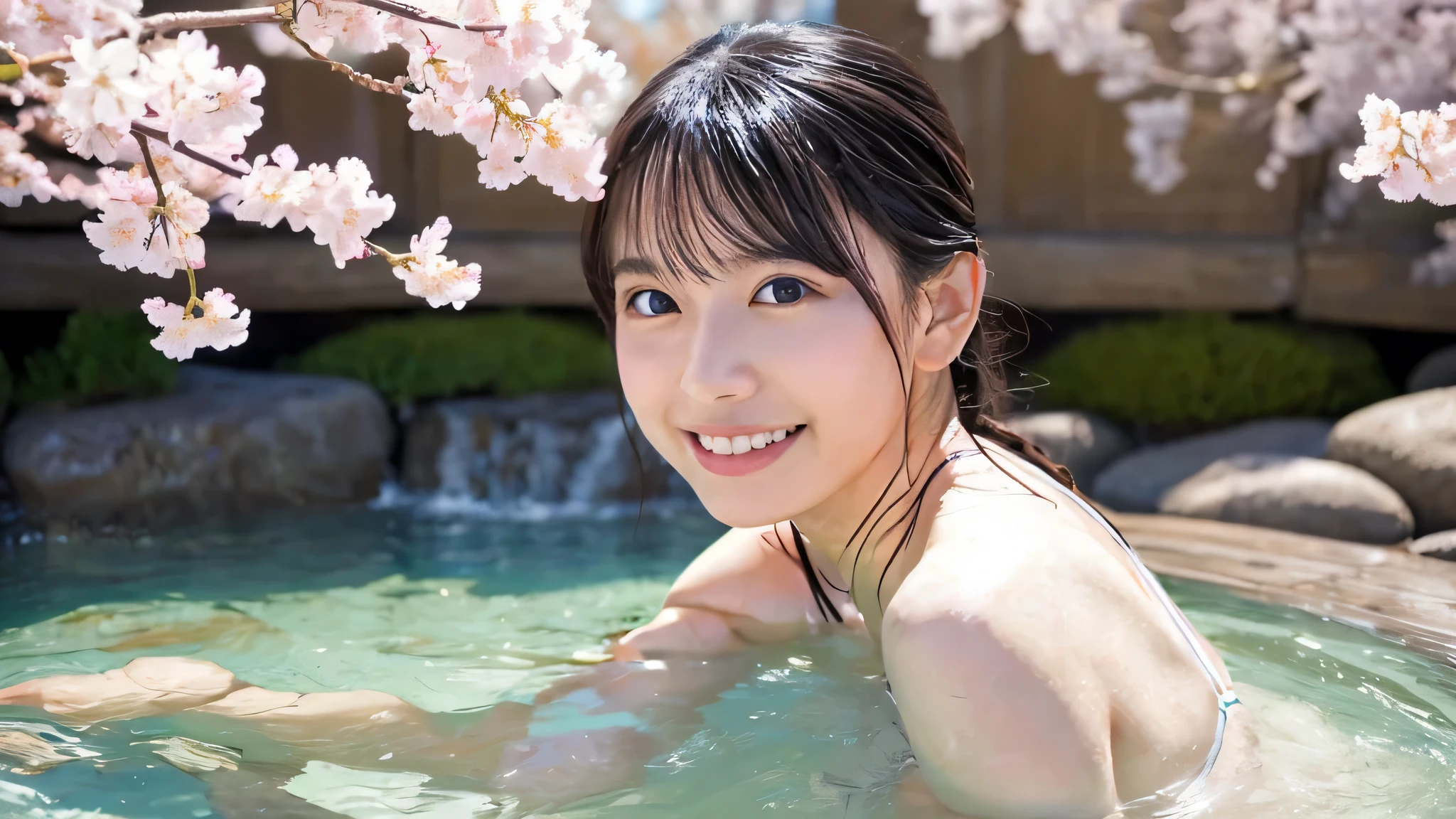 top quality、4K、8k、 high definition、 Masterpiece:1.2、 highly detailed 、 Gentle colors、 Gentle Light、 gentle face、 white skin、 happy expression 、 Beautiful girl in bikini、 An open-air bath with a view of cherry blossoms and Mt. Fuji、A beautiful woman in a bikini who is soaking in hot water up to her waist