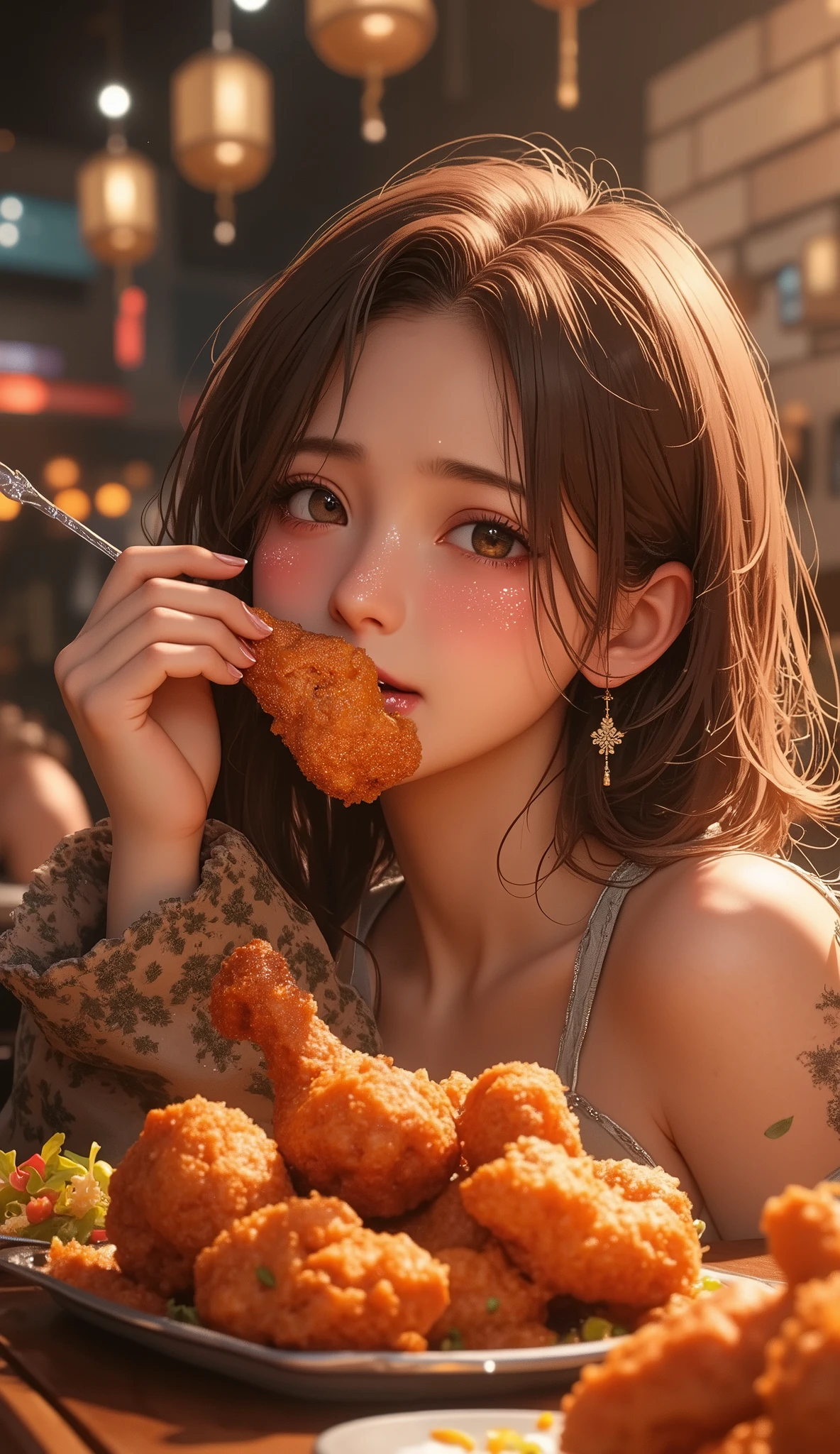 ((Delicate)),( Japanese anime style, manga:1.25), ( top quality:1.6), ( super high resolution :1.5), (Dramatic:1.75), 8k resolution for ren, Accurate hand expression、Mexican restaurant、dinner party, a dish of a lot of big Spicy fried chicken on a table, One woman is eating fried chicken legs while sweating、(I'm eating the fried chicken I have in my hand:1.4)、((My face is blushing because of pain 、(Sweating:1.3)、Sparkling Skin、Koetsu's Expression、Teary-eyed))