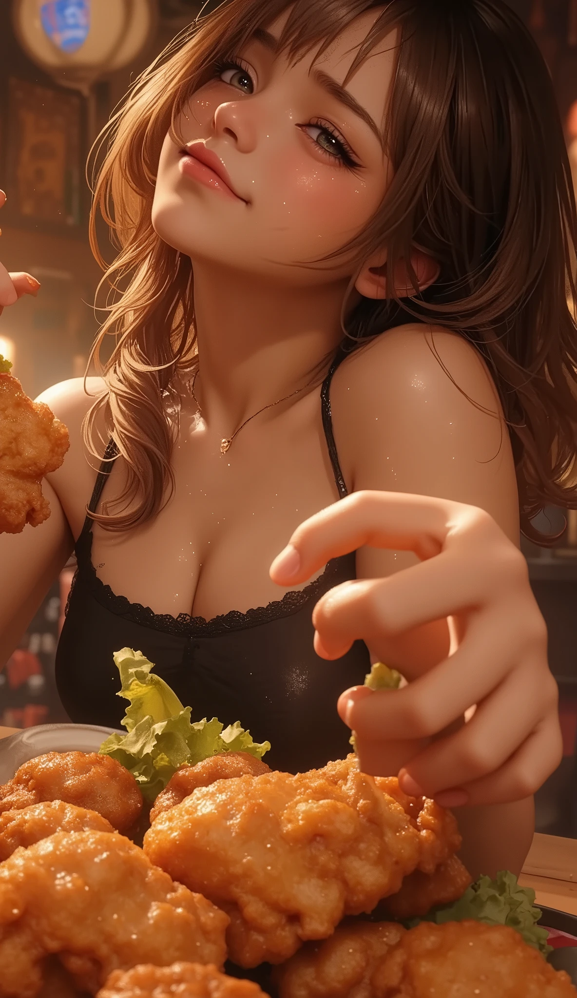 ((Delicate)),( Japanese anime style, manga:1.25), ( top quality:1.6), ( super high resolution :1.5), (Dramatic:1.75), 8k resolution for ren, Accurate hand expression、Mexican restaurant、dinner party, a dish of a lot of big Spicy fried chicken on a table, One woman is eating fried chicken legs while sweating、(I'm eating the fried chicken I have in my hand:1.4)、((My face is blushing because of pain 、(Sweating:1.3)、Sparkling Skin、Koetsu's Expression、Teary-eyed))