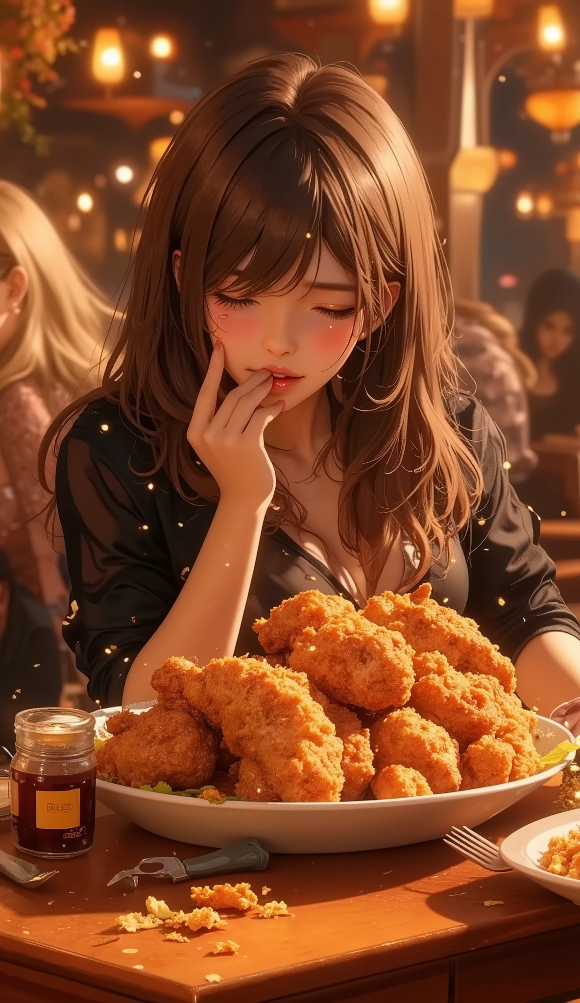 ((Delicate)),( Japanese anime style, manga:1.25), ( top quality:1.6), ( super high resolution :1.5), (Dramatic:1.75), 8k resolution for ren, Accurate hand expression、Mexican restaurant、dinner party, a dish of a lot of big Spicy fried chicken on a table, One woman is eating fried chicken legs while sweating、(I'm eating the fried chicken I have in my hand:1.4)、((My face is blushing because of pain 、(Sweating:1.3)、Sparkling Skin、Koetsu's Expression、Teary-eyed))