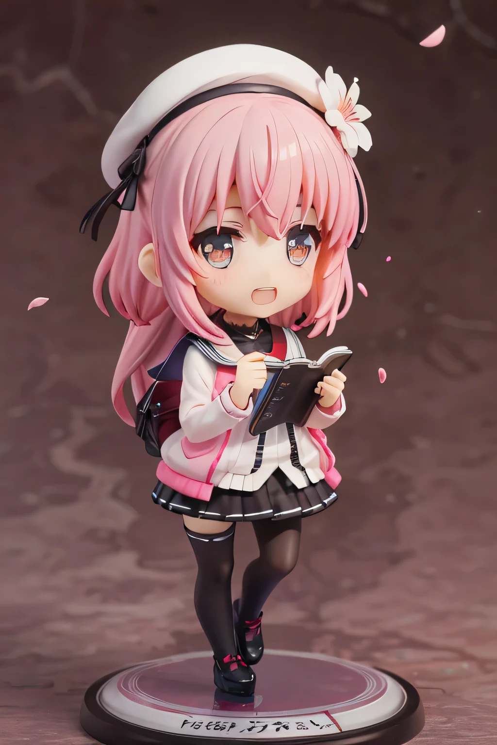 happy girl ( showing her teeth ), of foot, combat pose, pink hair color, school background, school background(classroom), complete anatomy, graphic effects , ornament of a flower-shaped accessory over the head, aura, white cap, notebooks, school supplies , cell phone, Earphones, height 159 cm ( 5 feet 3 inches ), summoning circle, fire around, strong breeze , sakura petals and leaves, primera persona, blush, looking at the spectator, Charm, Pausa de toque ciego looking at the spectator, very detailed face , 8K, light and shadow effect. masterpiece, the best quality, fullbody, Chibi, , (change:1.2), Nendoroide, PVC models