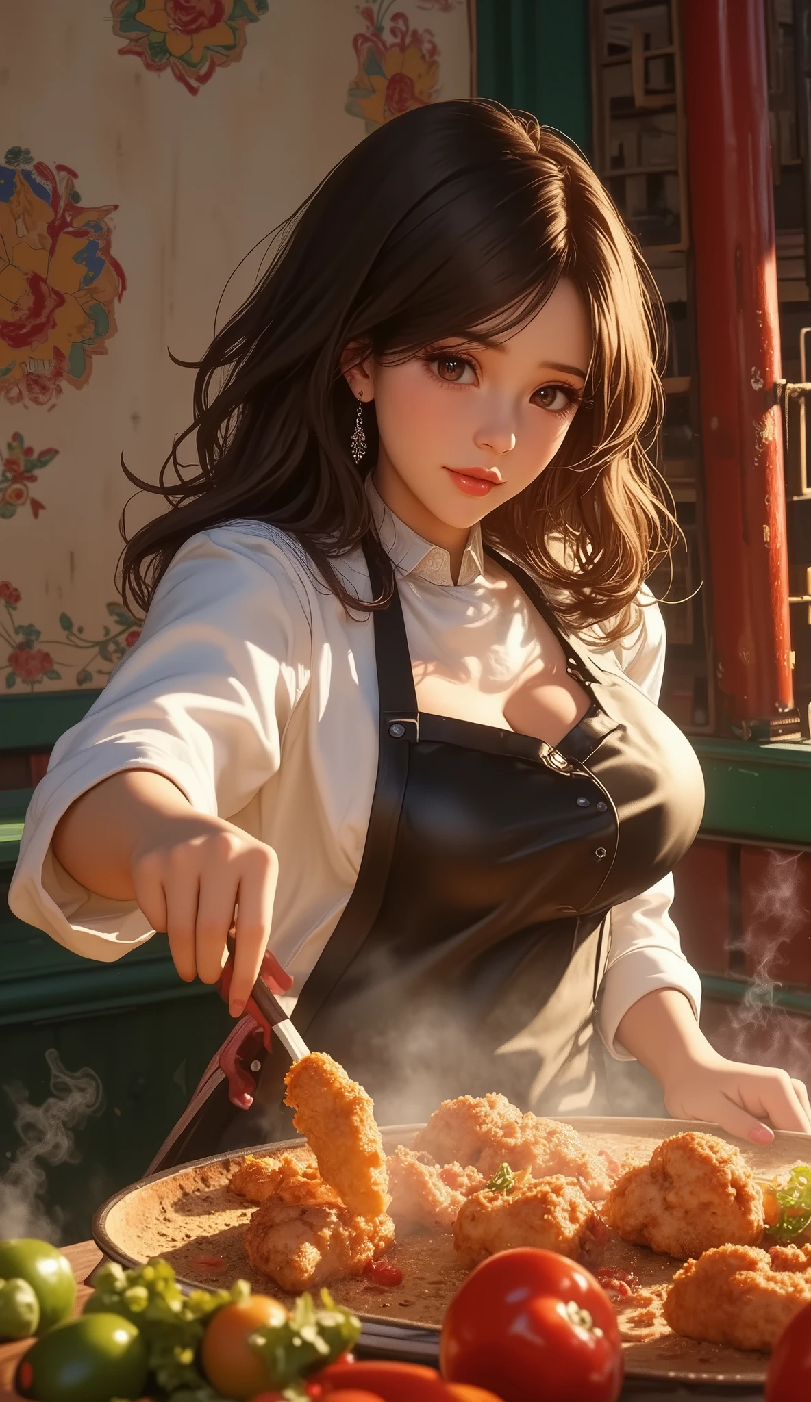 ((Delicate))，( Japanese anime style,  manga:1.25), ( top quality:1.6), (  super high resolution :1.5), (Dramatic:1.75),  8k resolution for  ren, Mexican restaurant、Latin sexy female chef、 extremely spicy fried chicken served with jalapeno pepper、 lots of jalapeno peppers 、chili sauce、 steam rising 、