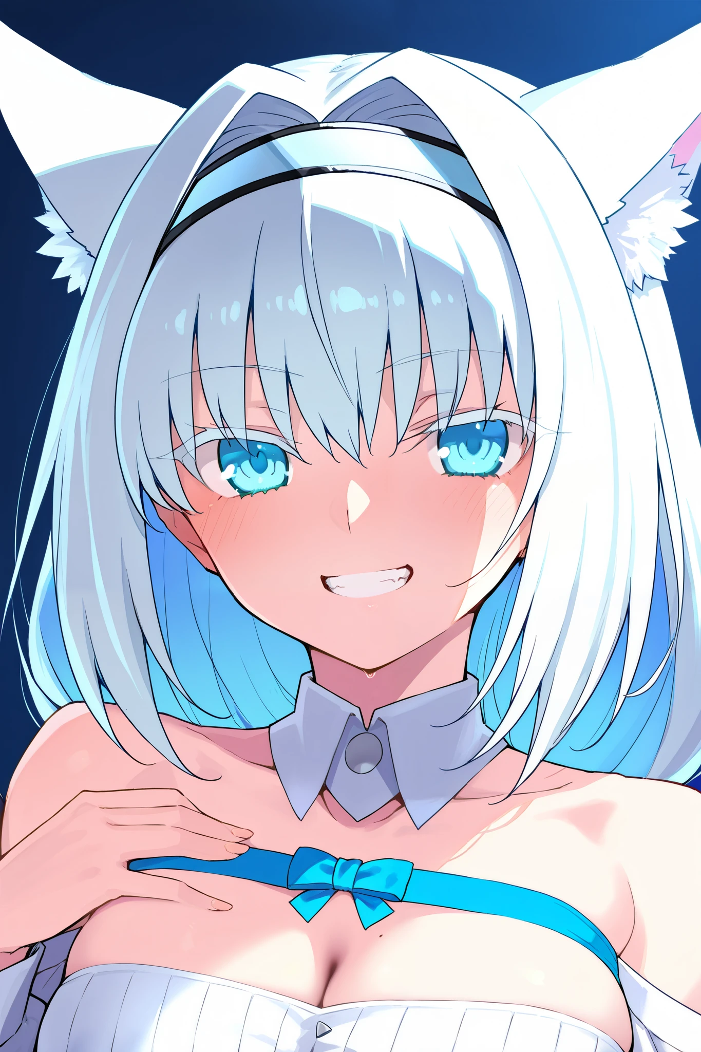 ultra-detailed, (best quality, masterpiece, ultra detailed, ultra high res, absurdres, high-resolution, highest quality, very aesthetic, textile shading), (detailed eyes), (detailed face), nsfw, uncensored, (Number of fingers is 5):1.3, simple background, looking at viewer, (nasuno /(nasuno42/):0.7), (dobrynya nikitich /(fate/)), (fate/grand order), (fate /(series/)), upper body, grin, blush,