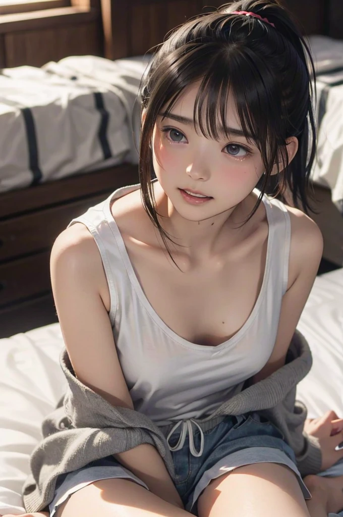 happy, eye roll, portrait of beautiful slender Young Japanese girl, crossed eyes, eye roll, drooling profusely, Realistic skin texture, Few moderate moles, head tilt, open mouth wide, flushing face, disheveled hair, bed room, highly detailed, ray tracing, digital painting, concept art, smooth, sharp focus, illustration, 8k, art by katsuya terada, art by range murata, art by akiman, art by JUNNY