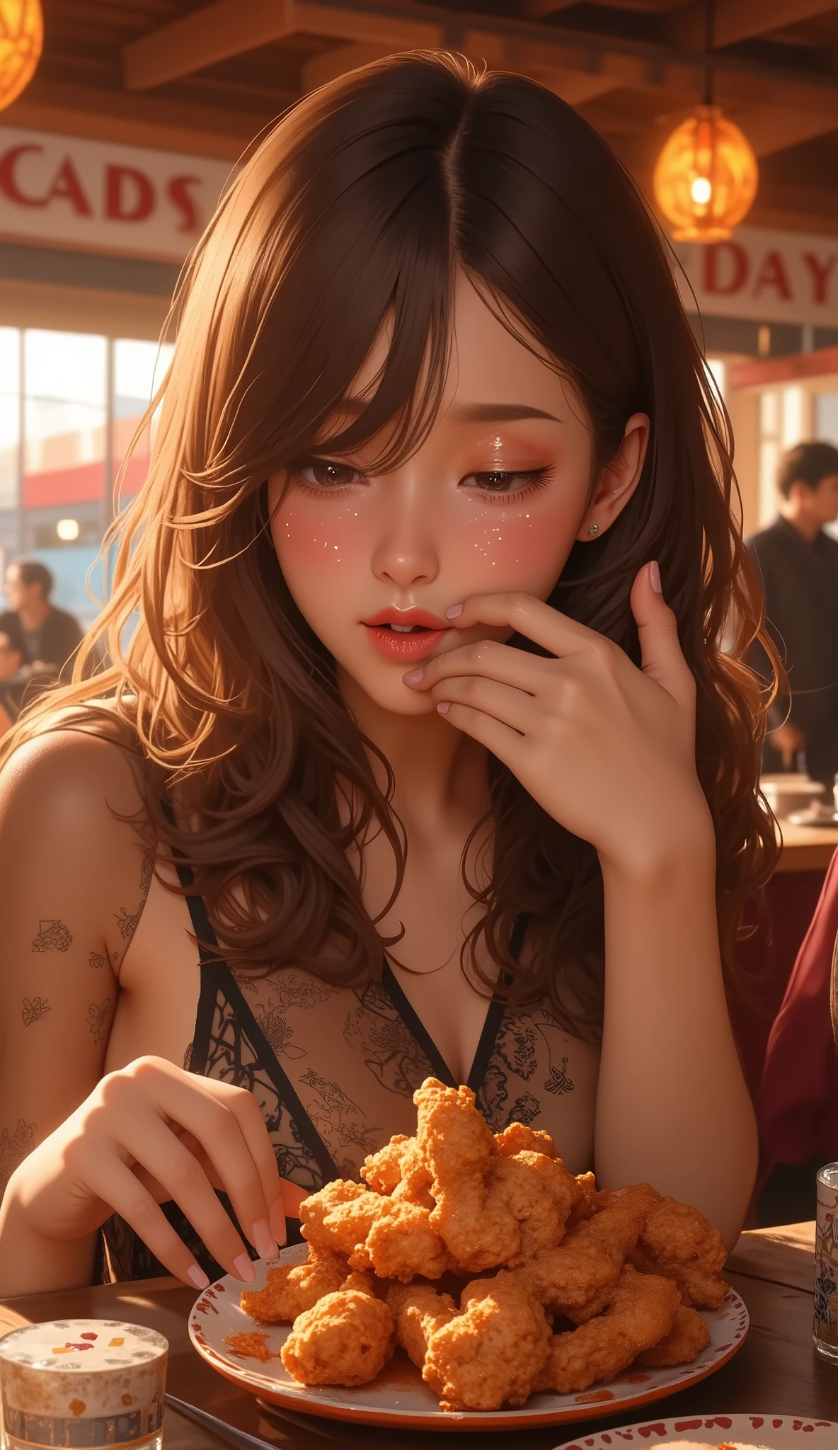 ((Delicate))，( Japanese anime style,  manga:1.25), ( top quality:1.6), (  super high resolution :1.5), (Dramatic:1.75),  8k resolution for  ren, Accurate hand expression、Mexican restaurant、dinner party, a dish of a lot of big Spicy fried chicken on a table, One woman is eating fried chicken legs while sweating、(I'm eating the fried chicken I have in my hand:1.4)、((My face is blushing because of pain 、(Sweating:1.3)、Sparkling Skin、Koetsu&#39;s Expression、Teary-eyed))