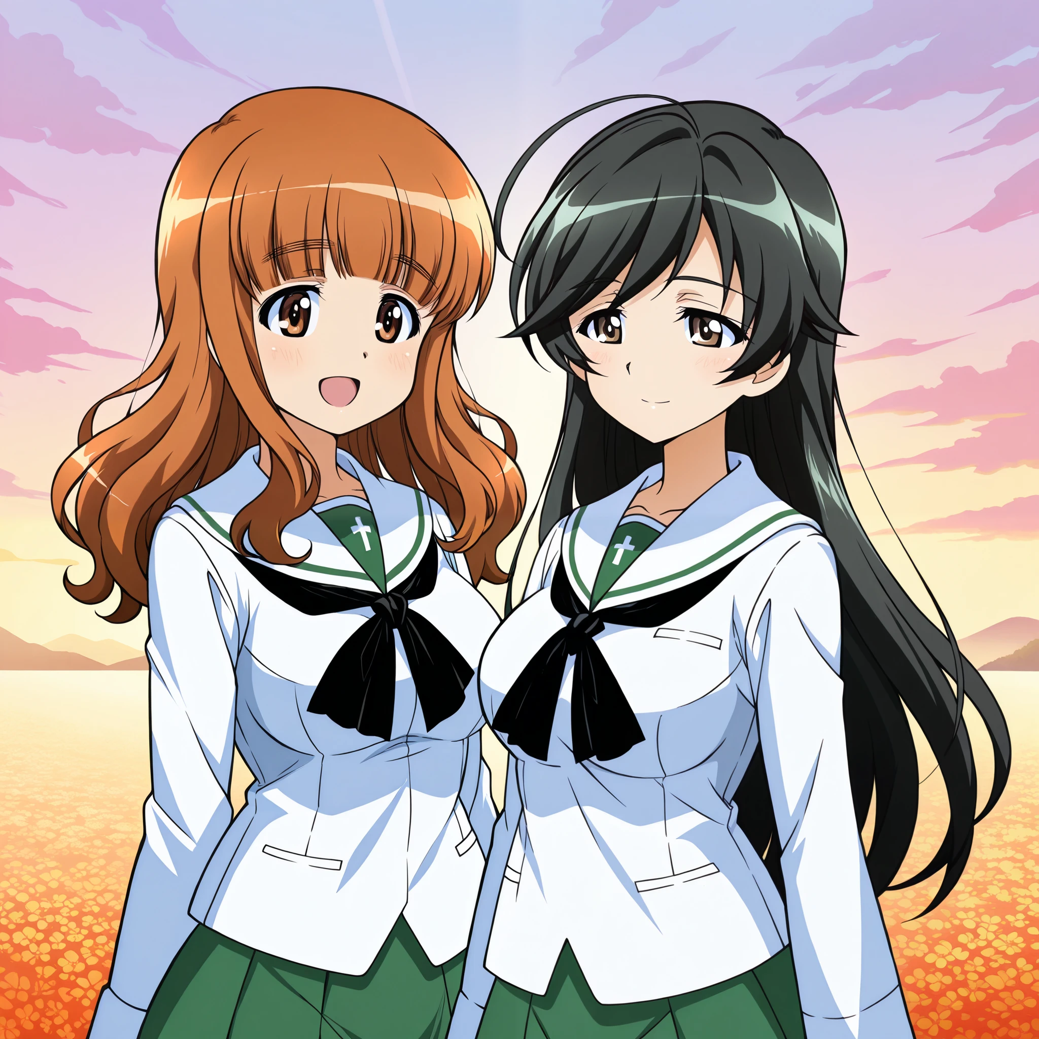  high res,  top quality,  Super Quality  , Takebe Saori , ,Isuzu Hana , two girls、( animated illustration style:1.2), beautiful brown eyes, Attractive brown eyes、 orange beautiful hair、Uniform up、 ( Oarai school uniform :1.3),White sailor collar,  black neckerchief ,  white shirt,  Long Sleeve  , Green Skirt 、 outdoor、 happily