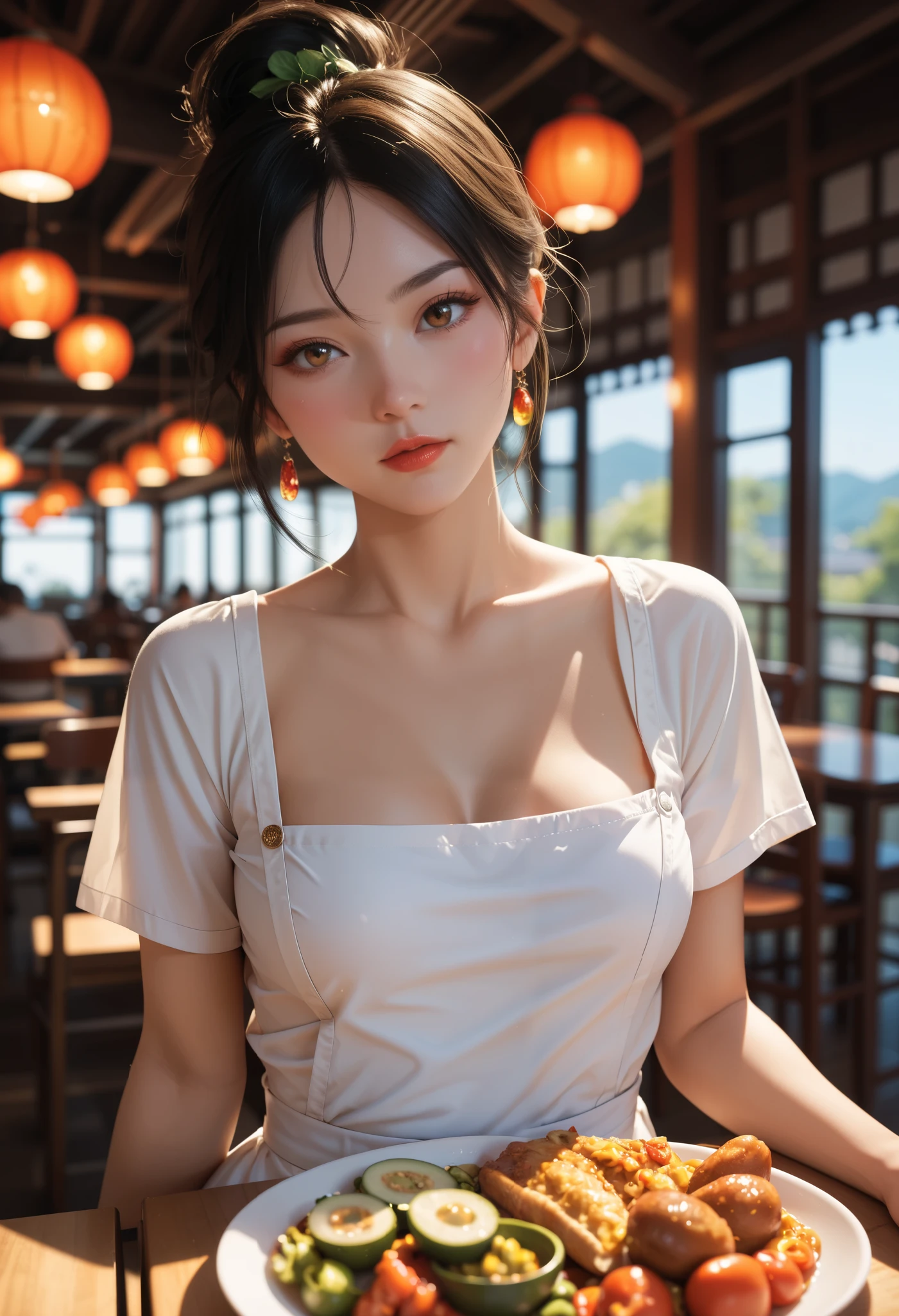 (Female: 1.2), (bangs), (Big breasts 1.2), (Sunlight), (Window) (low-cut off-the-shoulder top), (White jeans), restaurant, sitting on a stool, wine glass on the table, full body, masterpiece, realism
