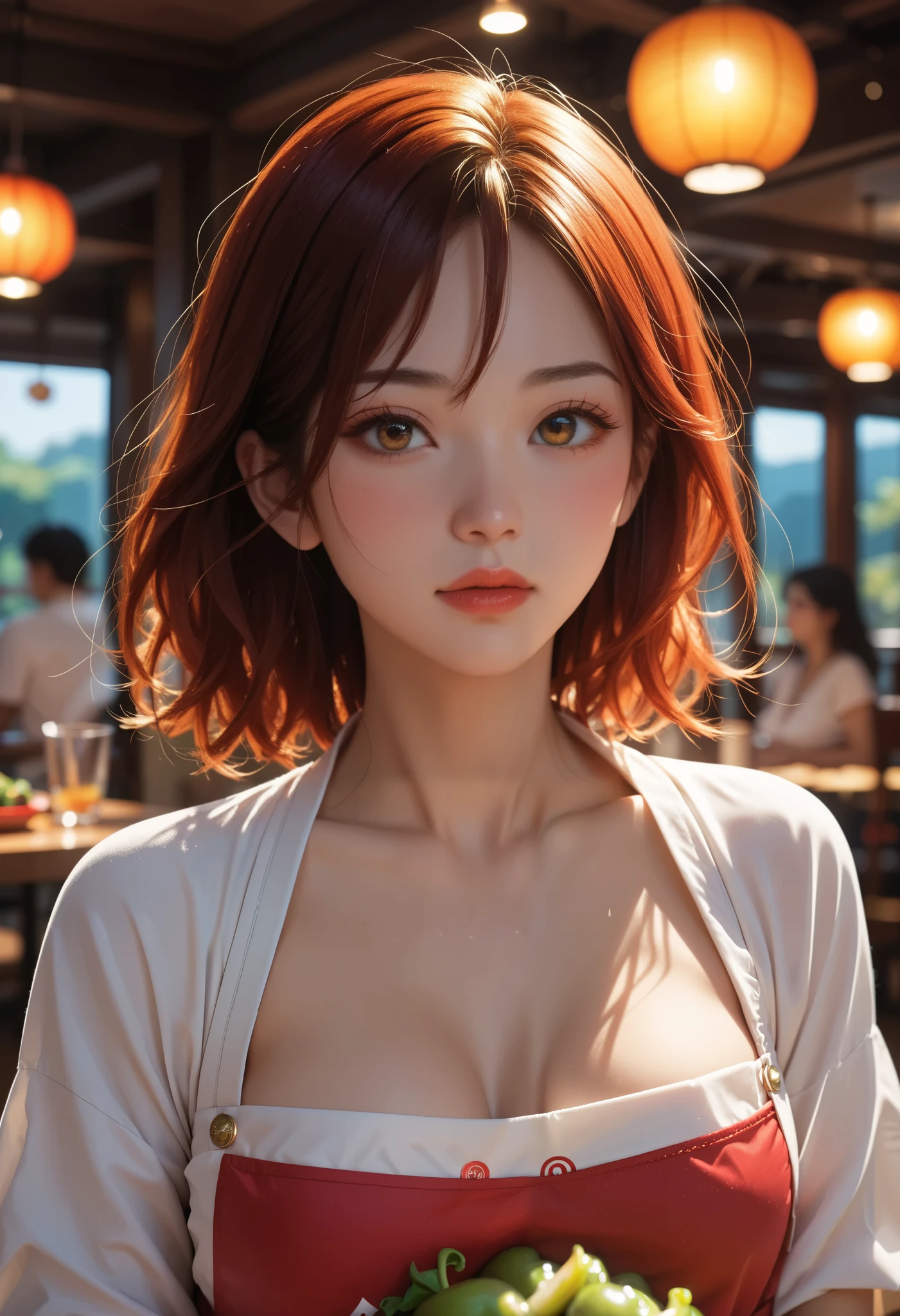 ((Delicate)),( Japanese anime style, manga:1.25), ( top quality:1.6), ( super high resolution :1.5), (Dramatic:1.75), 8k resolution for ren, Mexican restaurant、Latin sexy female chef、 Super Spicy Fried Chicken with Jalapeno Pepper、 lots of jalapeno peppers 、chili sauce、 steam rising 、