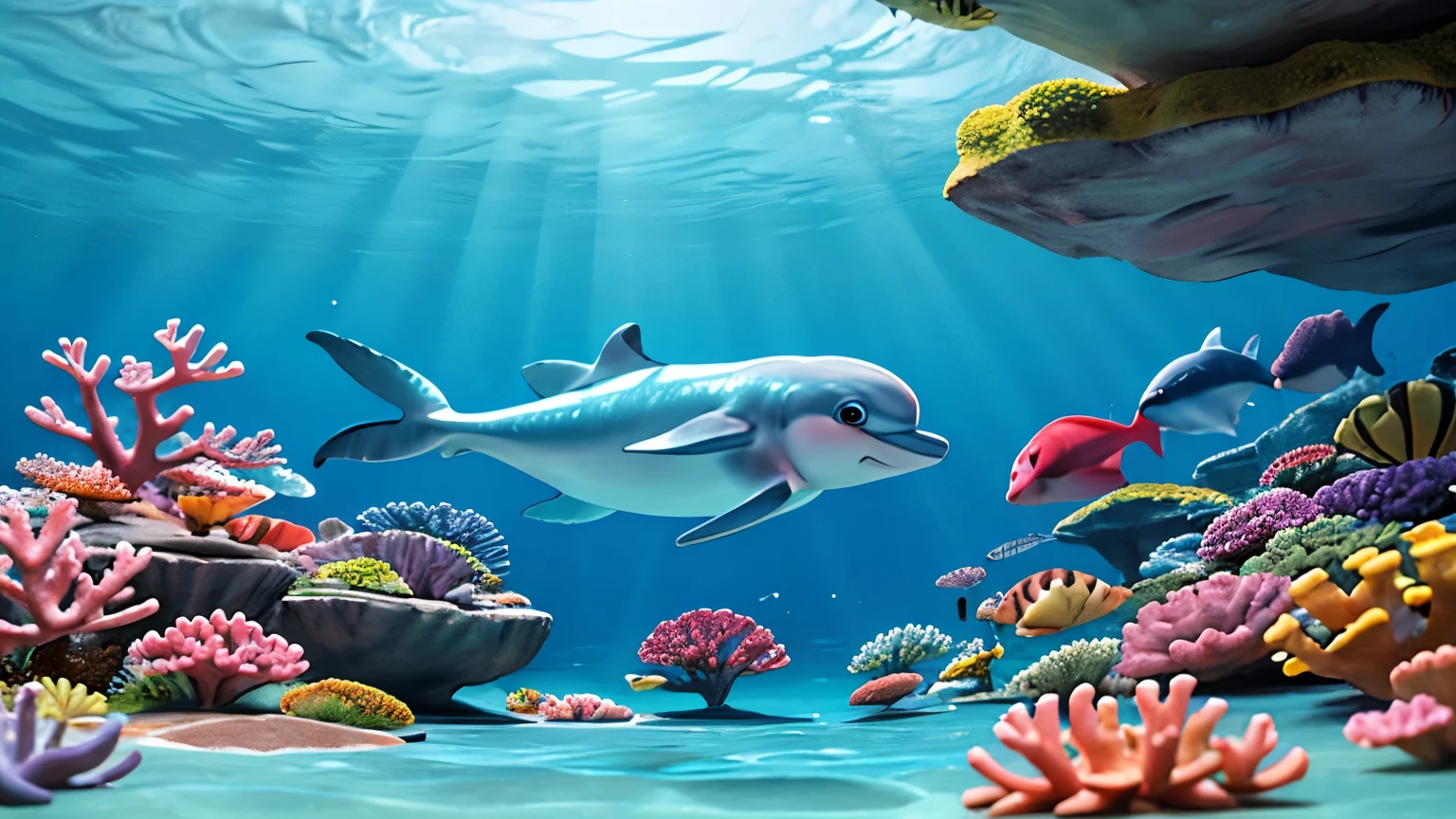 In the sea、、((swim))、((Realistic dolphins))