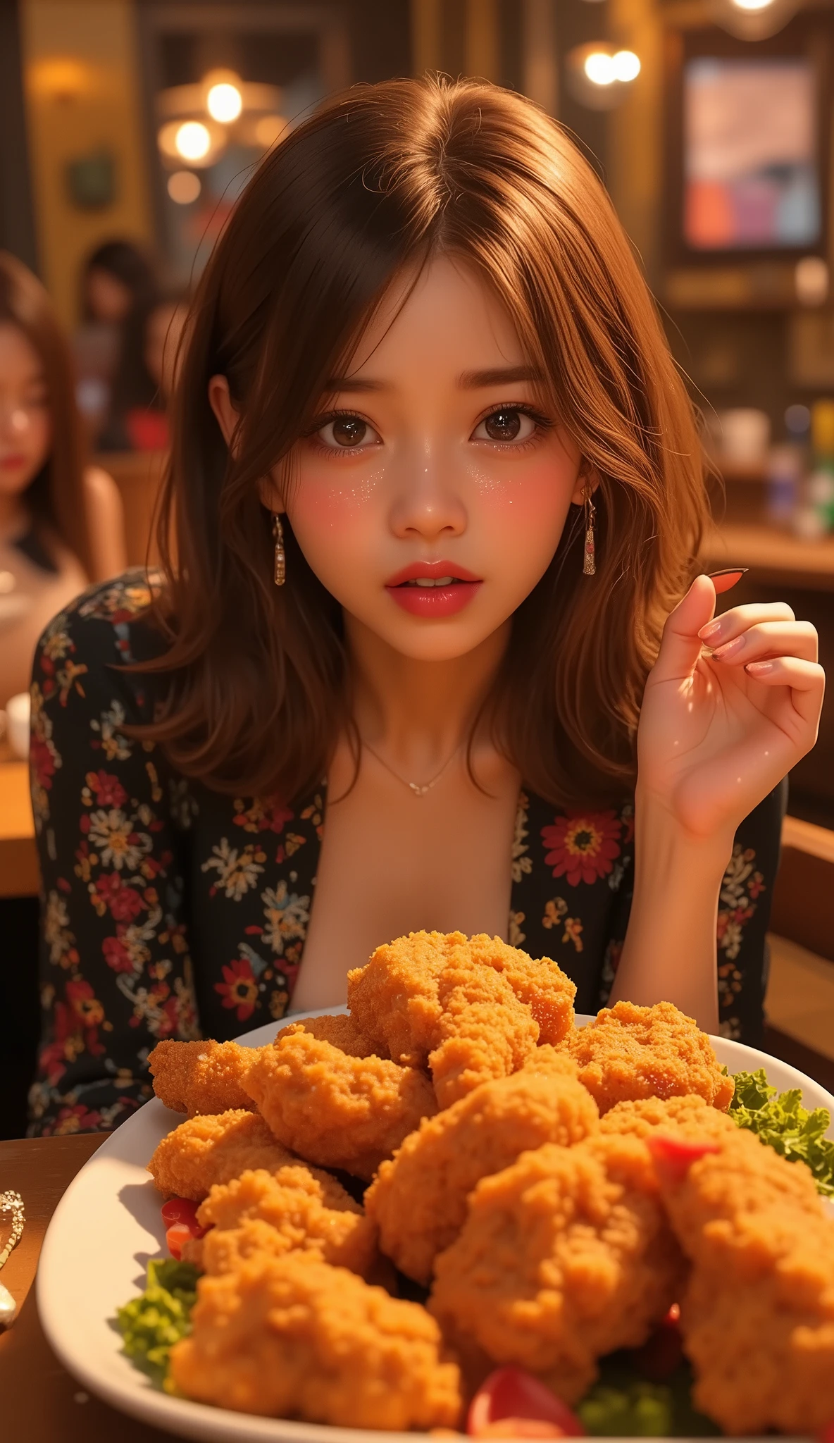 ((Delicate))，( Japanese anime style,  manga:1.25), ( top quality:1.6), (  super high resolution :1.5), (Dramatic:1.75),  8k resolution for  ren, Accurate hand expression、Mexican restaurant、dinner party, a dish of a lot of big Spicy fried chicken on a table, One woman is eating fried chicken legs while sweating、(I'm eating the fried chicken I have in my hand:1.4)、((My face is blushing because of pain 、(Sweating:1.3)、Sparkling Skin、Koetsu&#39;s Expression、Teary-eyed))