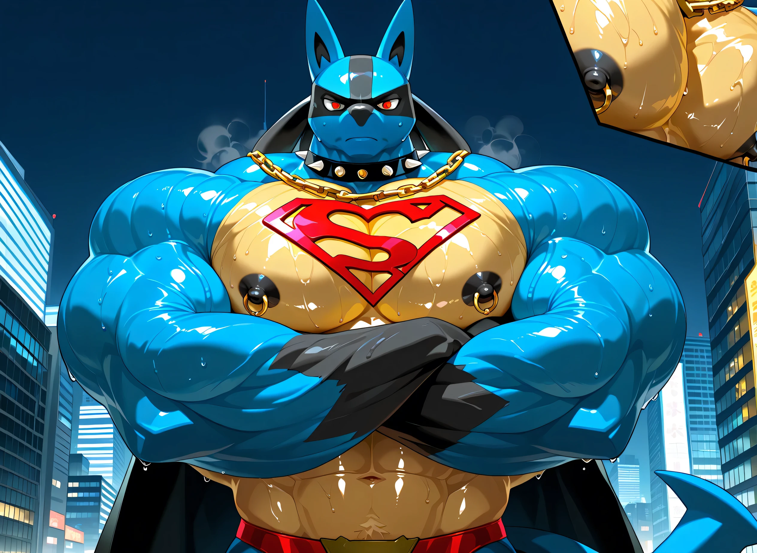 kemono, by null-ghost, by zixiong, solo, male, tail, Lucario, anthro, black nipples, big nipples, gold nipple rings, sweaty, handsome, broad shoulders, broad chest, huge muscular, posing, thick neck, thick arms, blue arms, pectorals crushing city, bedroom eyes, looking at viewer, angry, macro, city, buildings, wearing gold chains around neck, wearing a spiked collar on his neck, wearing superman outfit, superman symbol on center of chest, black cape, detailed background, sweaty, crossed arms, very low view, close shot of chest and face, body fills frame, BREAK score_9_up,score_8_up,score_7_up,score_6_up,score_5_up,score_4_up
