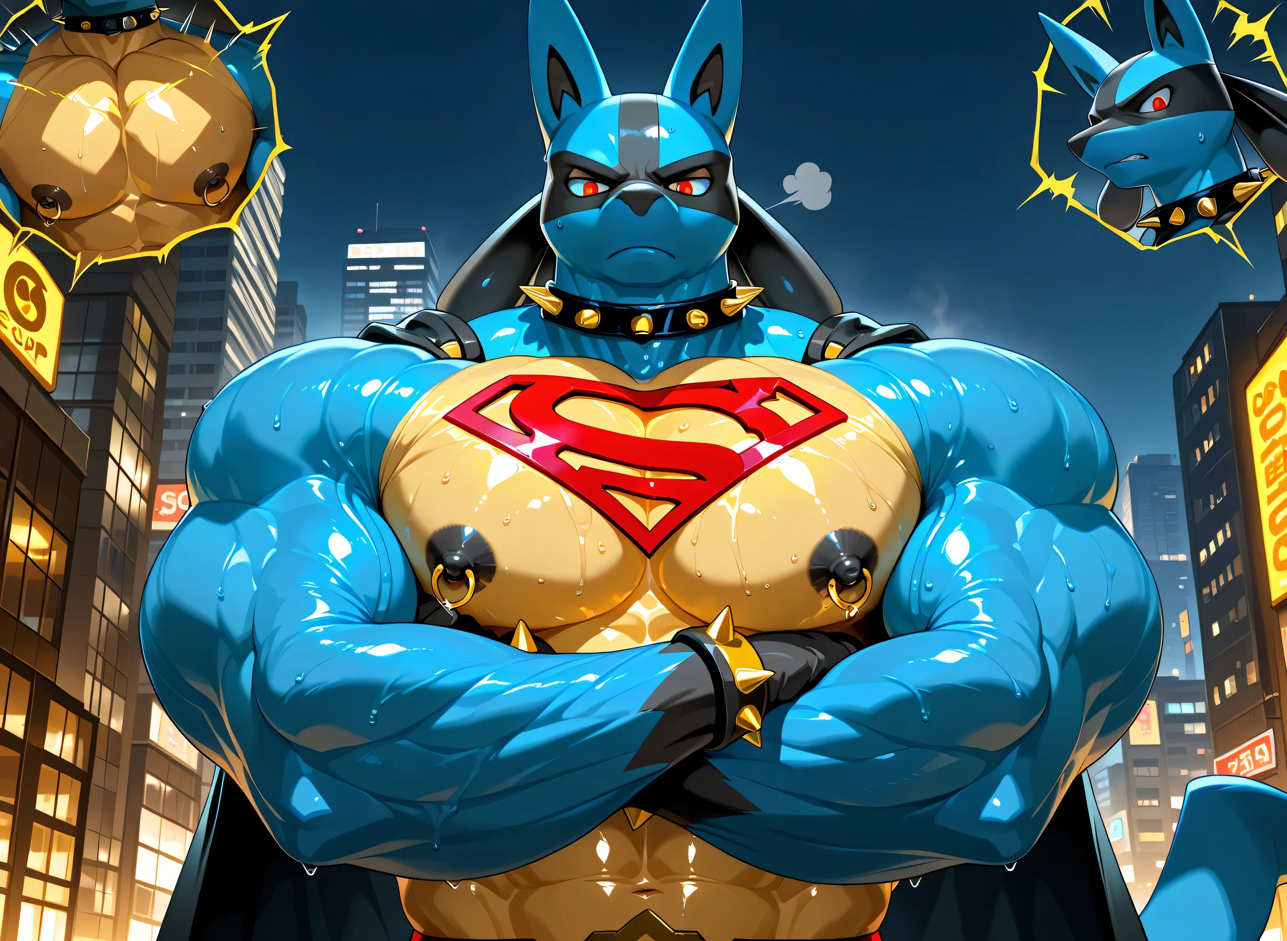 kemono, by null-ghost, by zixiong, solo, male, tail, Lucario, anthro, black nipples, big nipples, gold nipple rings, sweaty, handsome, broad shoulders, broad chest, huge muscular, posing, thick neck, thick arms, blue arms, pectorals crushing city, bedroom eyes, looking at viewer, angry, macro, city, buildings, wearing gold chains around neck, wearing a spiked collar on his neck, wearing superman outfit, superman symbol on center of chest, black cape, detailed background, sweaty, crossed arms, very low view, close shot of chest and face, body fills frame, BREAK score_9_up,score_8_up,score_7_up,score_6_up,score_5_up,score_4_up
