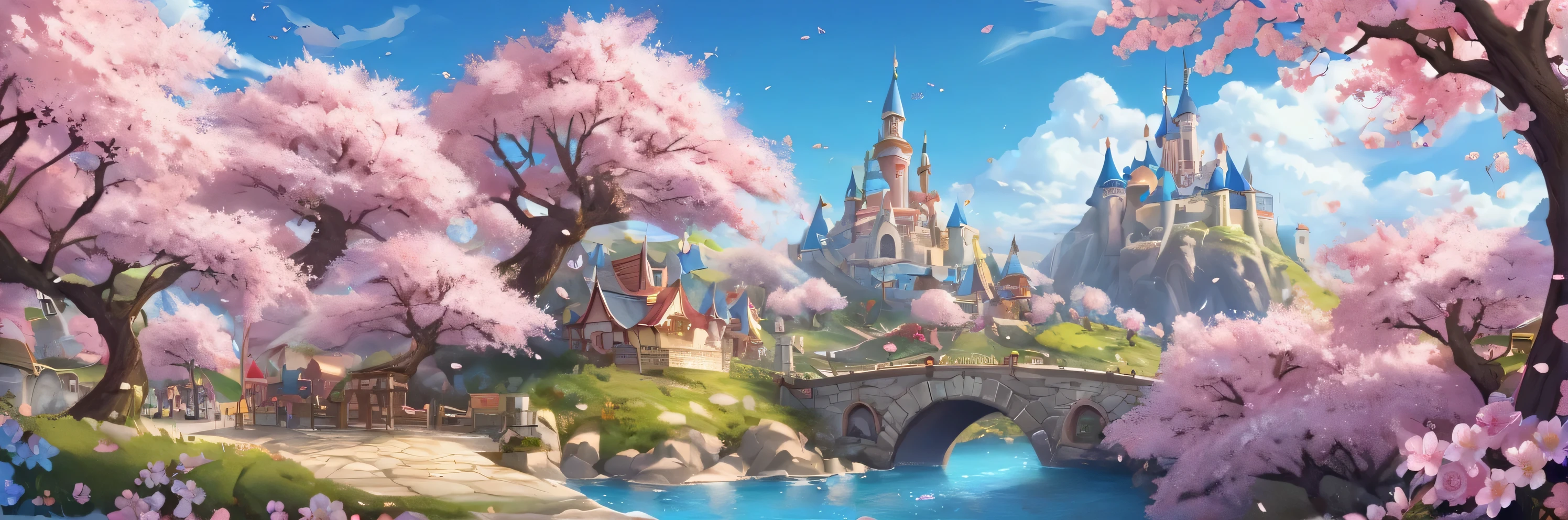 Fantasyland, landscape, cherry blossoms, blue sky,