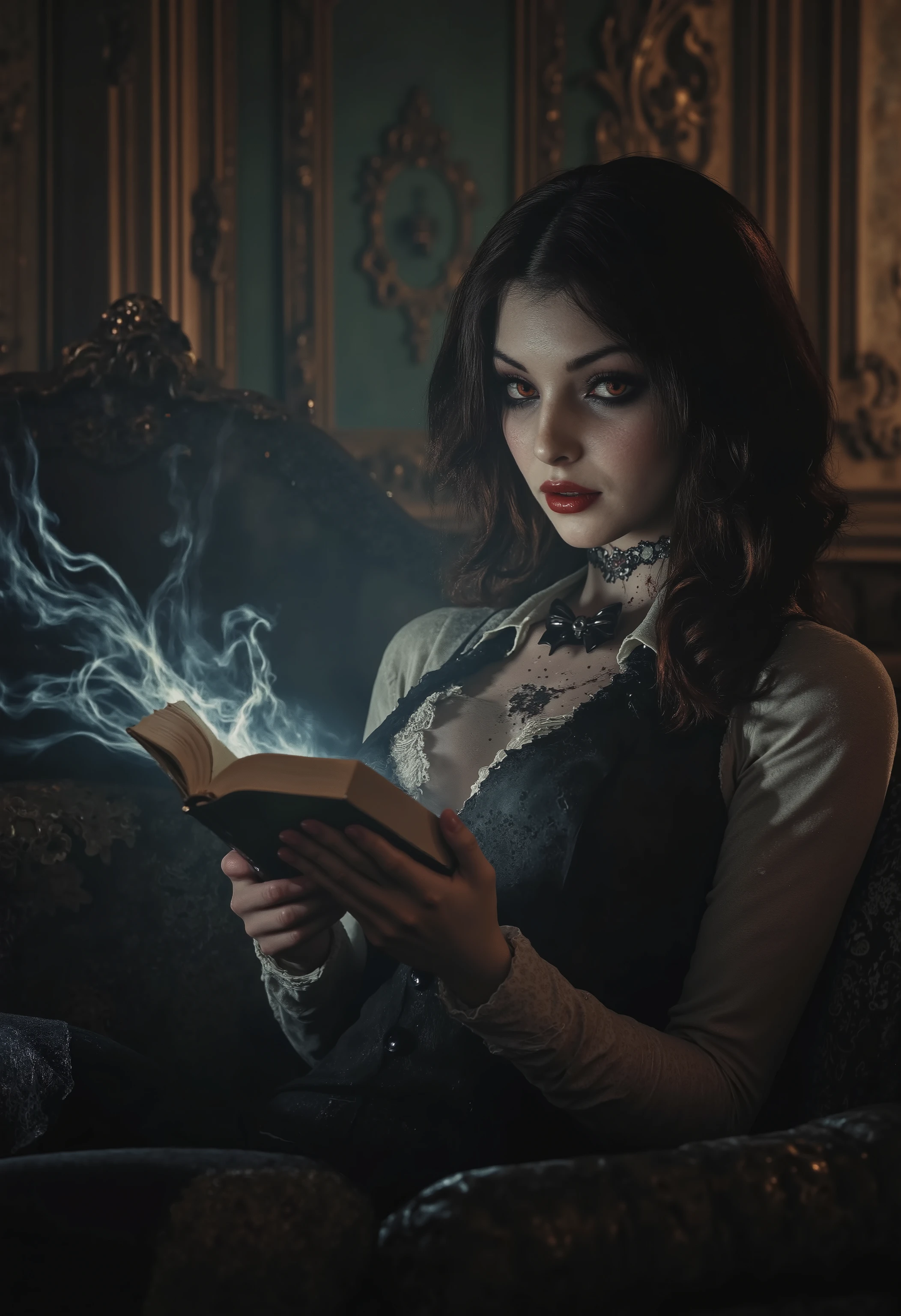 dynamic pose,dynamic angle,((from side,forcus face:1.5)), looking at viewer, sitting sofa,beautiful young girl,studying,smoke,reading book,
1 girls,alone,beautiful legs,((Bela Dimitrescu,vampire,shy smile)),((wearing american sexy school uniform:1.5)),black hair,shiny vivid red eyes, beautiful legs,curvy ,glasses, red lip,Cleavage,color, BW_portraits,ArsMovieStill, ((movie still from a 1970s horror movie)), american retro horror style, Set in American horror in the 1950s,forus girl,photographic style image with 1950s-1960s aesthetic,Midjourney_Whisper