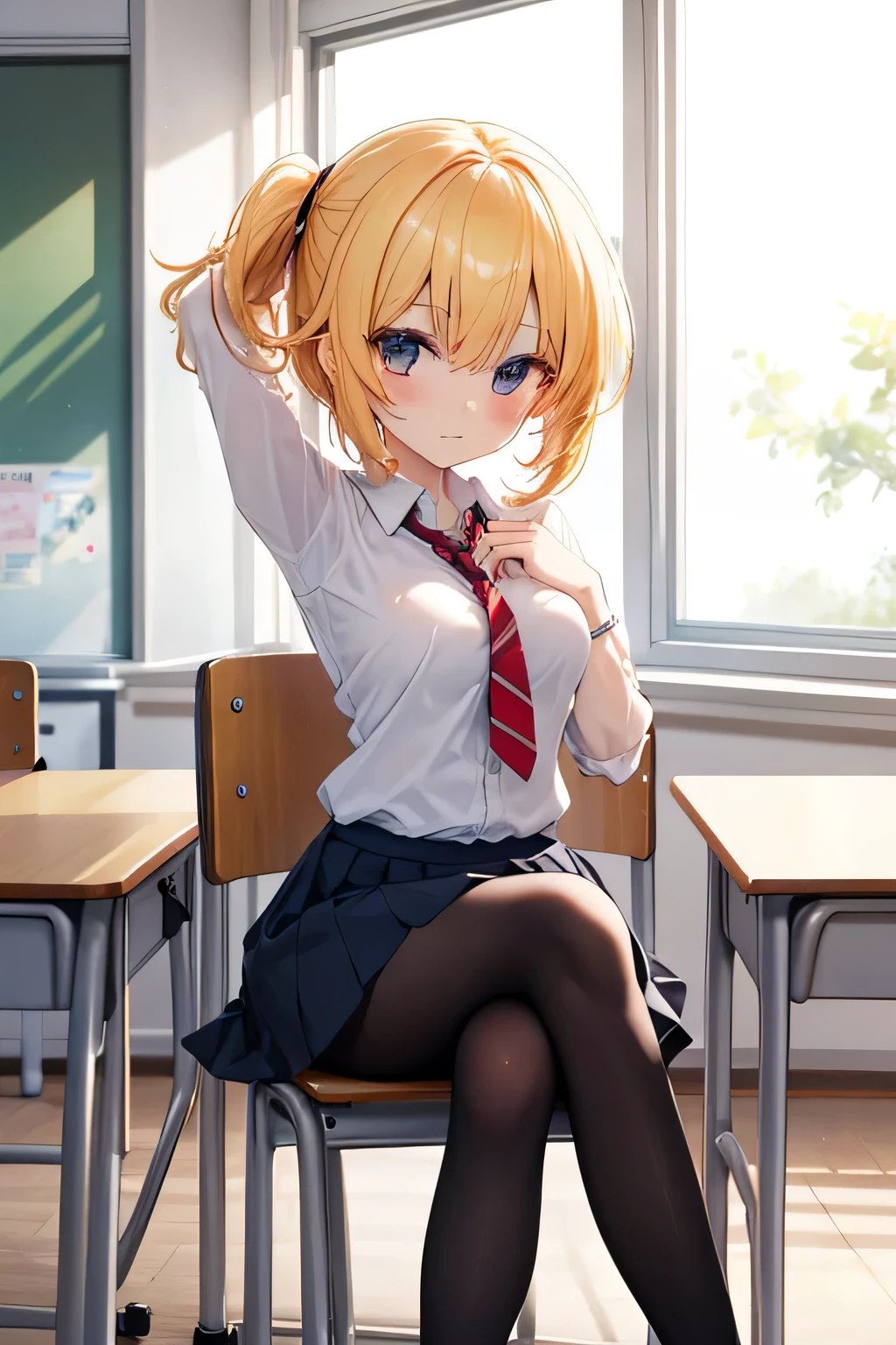 Dynamic posing, dynamic angle, Arrange pose,Top quality work,Show Legs,(short golden hair),(golden eyes), lovely red lips, Rose cheeks, Pretty Face, A perfectly proportioned face, school shirt with red bow and black skirt, (school uniform), white stockings,in classroom,full-body view, amazing, Large round chest、Beautiful eye details、Beautiful eyelashes、beautiful double eyelid, with blush cheeks, talking to viewer