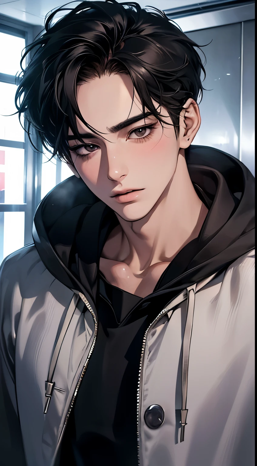 Mirror selfie camera, taking a mirror selfie in elevator, wearing hoody, blush face, cover face with hoodie, Highest quality,4K,8K,High resolution,masterpiece:1.2),Super detailed,(Realistic,photoRealistic,photo-Realistic:1.37),1 person,Men,Beautiful skinvery handsome,Expressionless,kpop idol like Black hair,black eyes,Sharp Eyes,A perfect face without a doubt,college boy, student, elevator Background, upper body shot