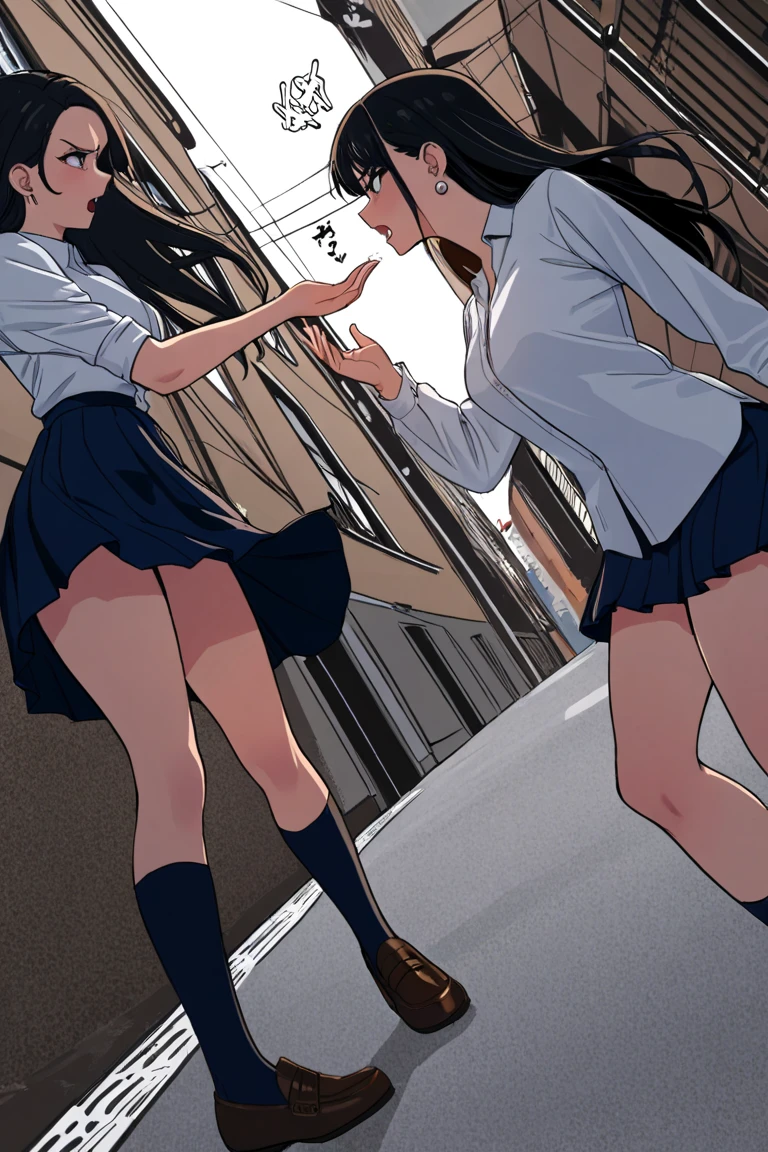 (masterpiece, Highest quality:1.2) official anime style,amagami,ayatsuji tsukasa、,High resolution,1 Station Front、girl,One person、Long straight black hair、smile、blush、, loose socks, sneakers、Short sleeve, Tight mini skirt、Lace panties, ((From below、whole body)), ((Multiple Views))