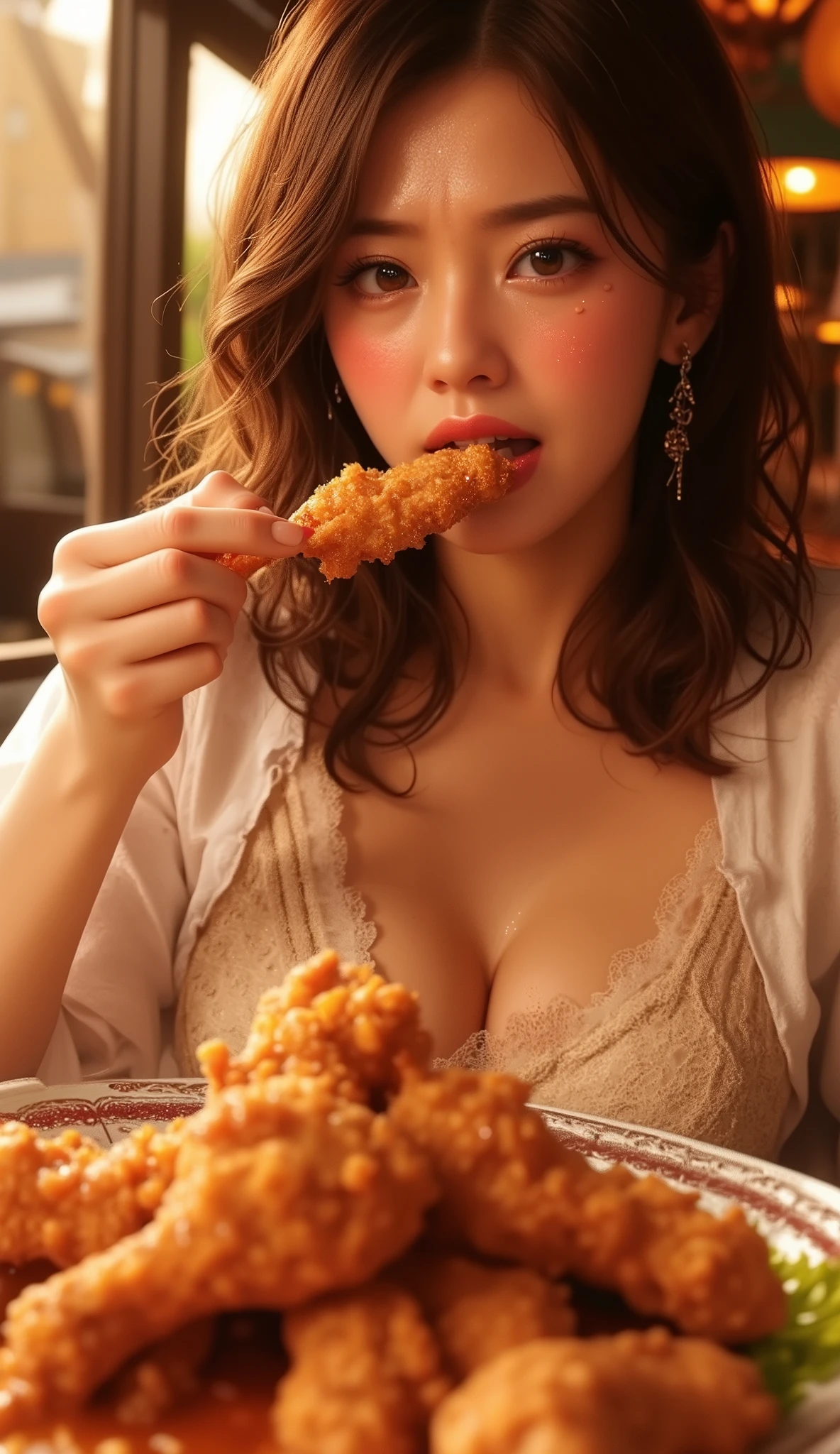 ((Delicate)),( Japanese anime style, manga:1.25), ( top quality:1.6), ( super high resolution :1.5), (Dramatic:1.75), 8k resolution for kindergarten ren, Accurate hand expression、Mexican restaurant、dinner party, a dish of a lot of big Spicy fried chicken on a table, One woman is eating fried chicken legs while sweating、(I'm eating the fried chicken I have in my hand:1.4)、((My face is blushing because of pain 、(Sweating:1.3)、Sparkling Skin、Koetsu's Expression、Teary-eyed))
