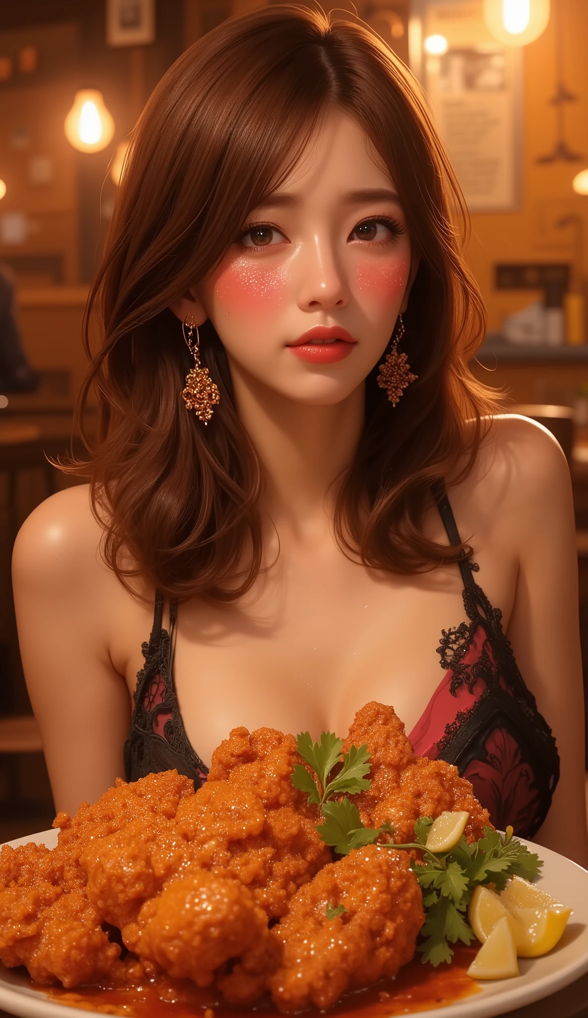((Delicate))，( Japanese anime style,  manga:1.25), ( top quality:1.6), (  super high resolution :1.5), (Dramatic:1.75),  8k resolution for  ren, Accurate hand expression、Mexican restaurant、dinner party, a dish of a lot of big Spicy fried chicken on a table, One woman is eating fried chicken legs while sweating、(I'm eating the fried chicken I have in my hand:1.4)、((My face is blushing because of pain 、(Sweating:1.3)、Sparkling Skin、Koetsu&#39;s Expression、Teary-eyed))