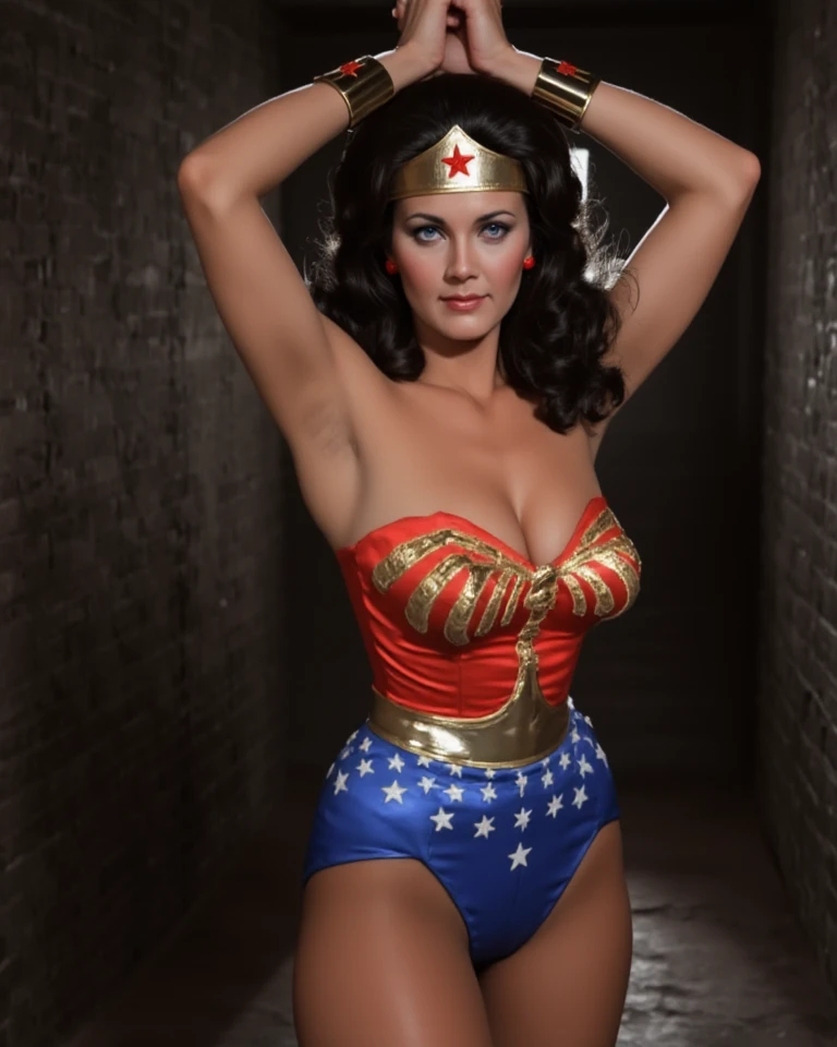 Ultra realistic, masterpiece, high resolution, best quality, beautiful art, 1 woman, solo, Wonder Woman, Lynda Carter, big breasted, cleavage, sexy outfit, alluring body, sexy legs and thighs, beautiful hair, gorgeous eyes, full body, dancing seductively at the camera, smirking 