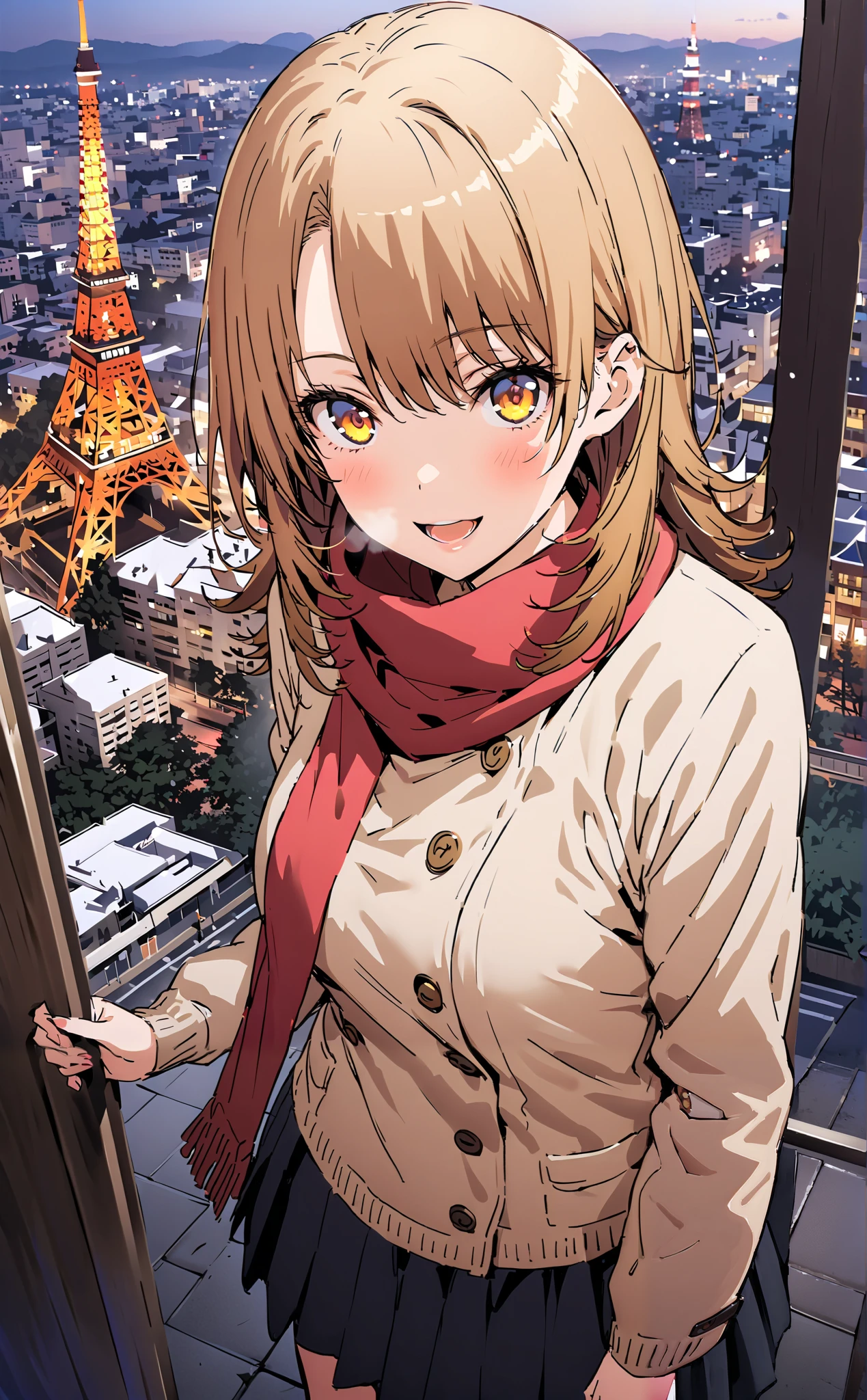 Irohaisshiki, Isshiki Iroha , long hair, brown hair, brown eyes,smile, open your mouth,,blush, White Breath,White Coat, sweater, red scarf,Black long skirt,boots snow, Tokyo Tower ,building, standing,whole bodyがイラストに入るように,
break outdoors, City,
break looking at viewer,whole body,
break ( Masterpiece:1.2), top quality , kampala, Unity 8k Wallpaper,(shape:0.8),( fine, beautiful eyes :1.6),It's a person ,whole body写真,CG Details , ( perfect hands, Complete Anatomy),