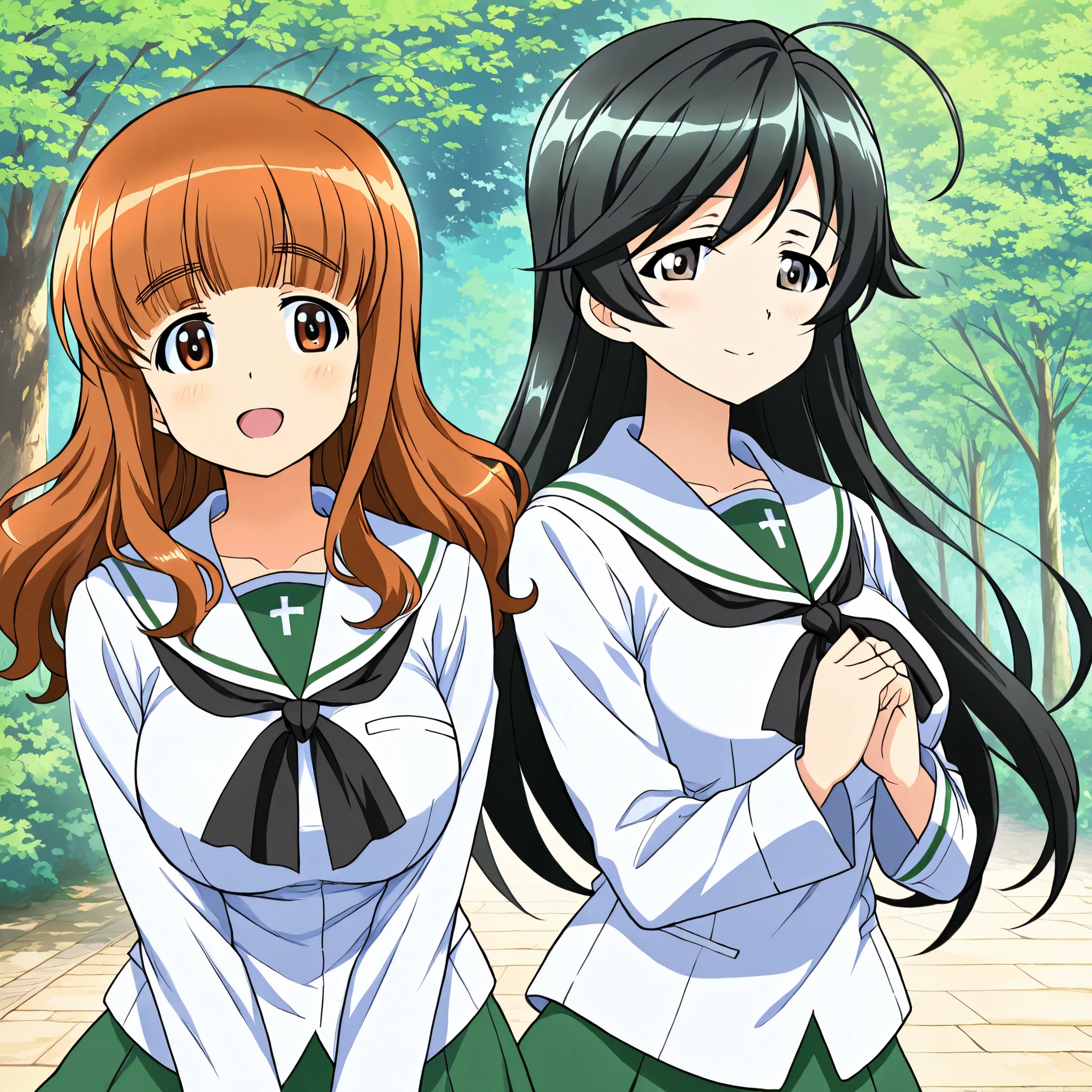 high res, top quality, Super Quality , Takebe Saori , ,Isuzu Hana , two girls、( animated illustration style:1.2), beautiful brown eyes, Attractive brown eyes、 orange beautiful hair、Uniform up、 ( Oarai school uniform :1.3),White sailor collar, black neckerchief , white shirt, Long Sleeve , Green Skirt 、 outdoor、 happily