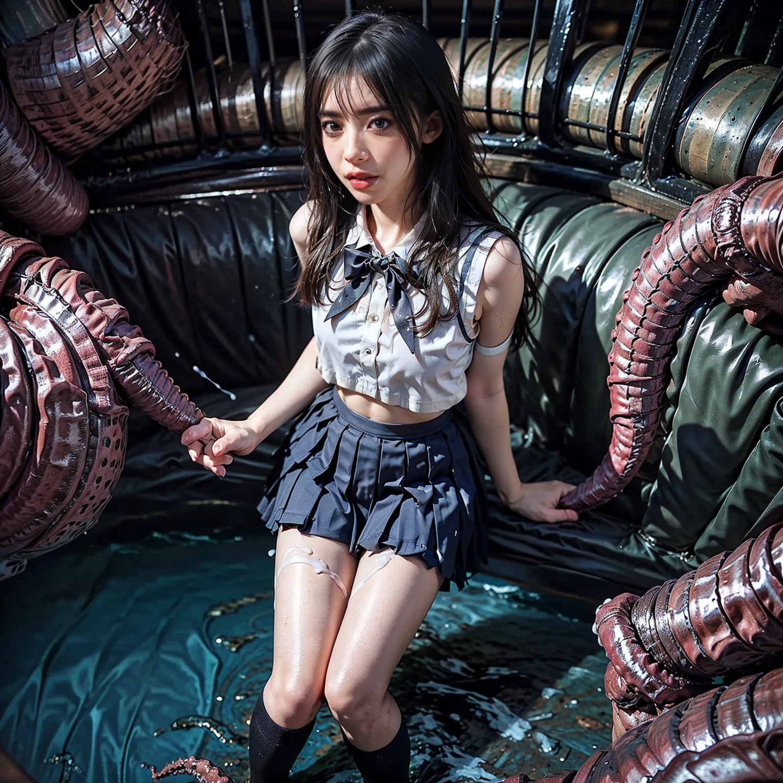 (((Yawn)), face and pose do not change, (best image quality, MASTERPIECE), in a cave surrounded by creature tentacles, (schoolgirl, long skirt), (((long skirt)) The white liquid on the tentacles makes the body sticky, the sweat makes the body shiny, the heavy sweat dripping on the body, spread the legs, ((( A large number of small tentacles like earthworms enter while flipping up the skirt)))), (((A large amount of white liquid overflows from the crotch and drips onto the thighs)))), (Precisely depicts how tentacles like earthworms boldly flip up a long skirt))))), meticulously reproduce the way the tentacles wriggle inside the skirt, Precisely depict how the crotch area of the skirt bulges with tentacles, (white liquid overflows like a waterfall from the crotch), ((thick white liquid on the body)), ((very sweaty)) ((body wet)) ((wet thighs)), ((spreads thighs)), (thick white liquid dripping from the body))),