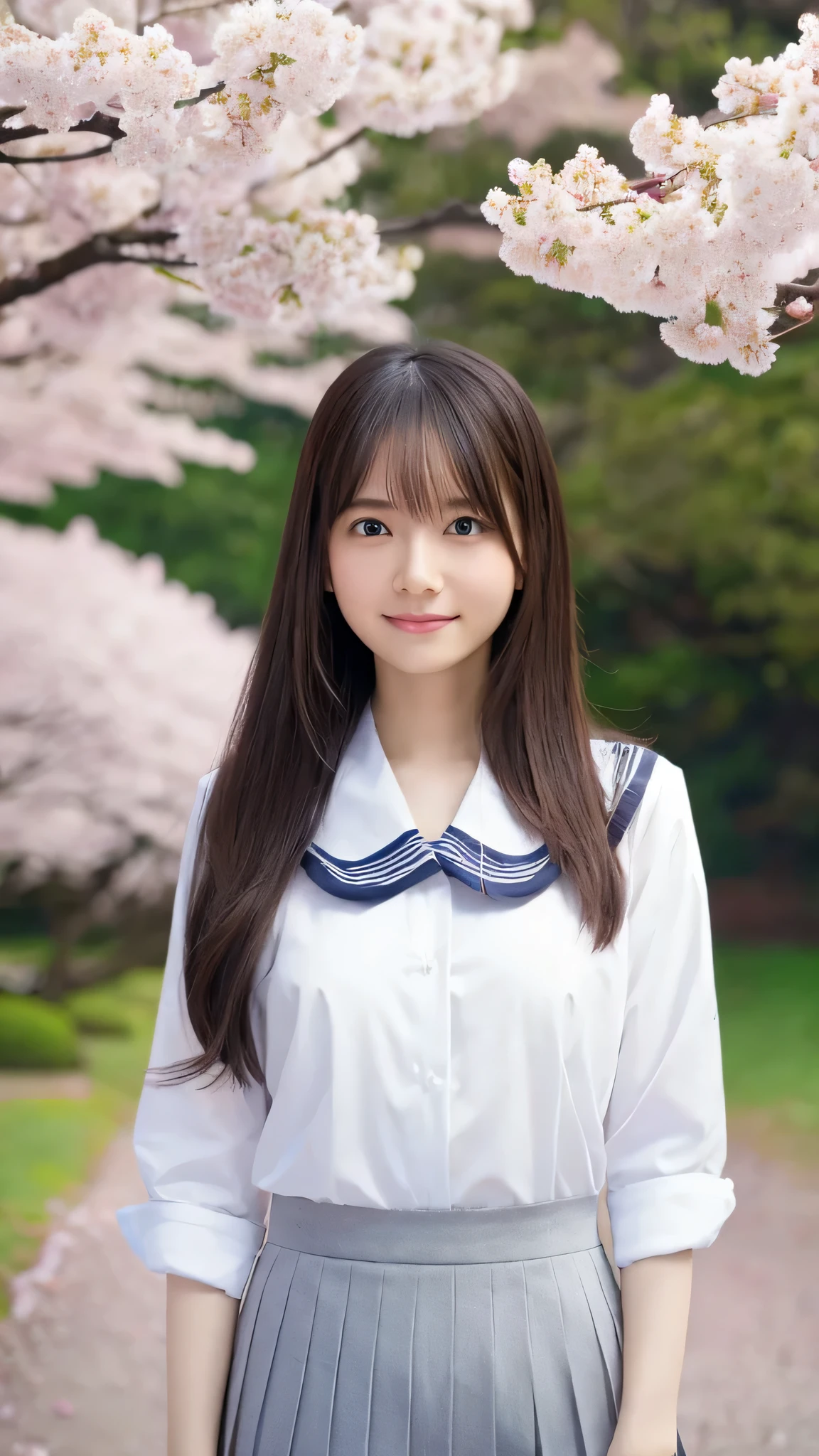  top quality、4K、8k、  high image quality、 Masterpiece:1.2、  very detailed、 
Genuine:1.37、  portrait、Gentle colors、Gentle Light、 beautiful girl、
 I wear long, flowing hair、 gentle face、
Thoughtful eyes 、  white skin、  happy expression、 great atmosphere 、  shirt、Subtle brushwork、Dreamy composition、  Look into the Distance 、  romantic atmosphere  、 achromatic  、 Soft Shadows 、  show their full body、 plump 
I can see cherry blossoms and Mt. Fuji in the background 、 wearing a high school uniform 、