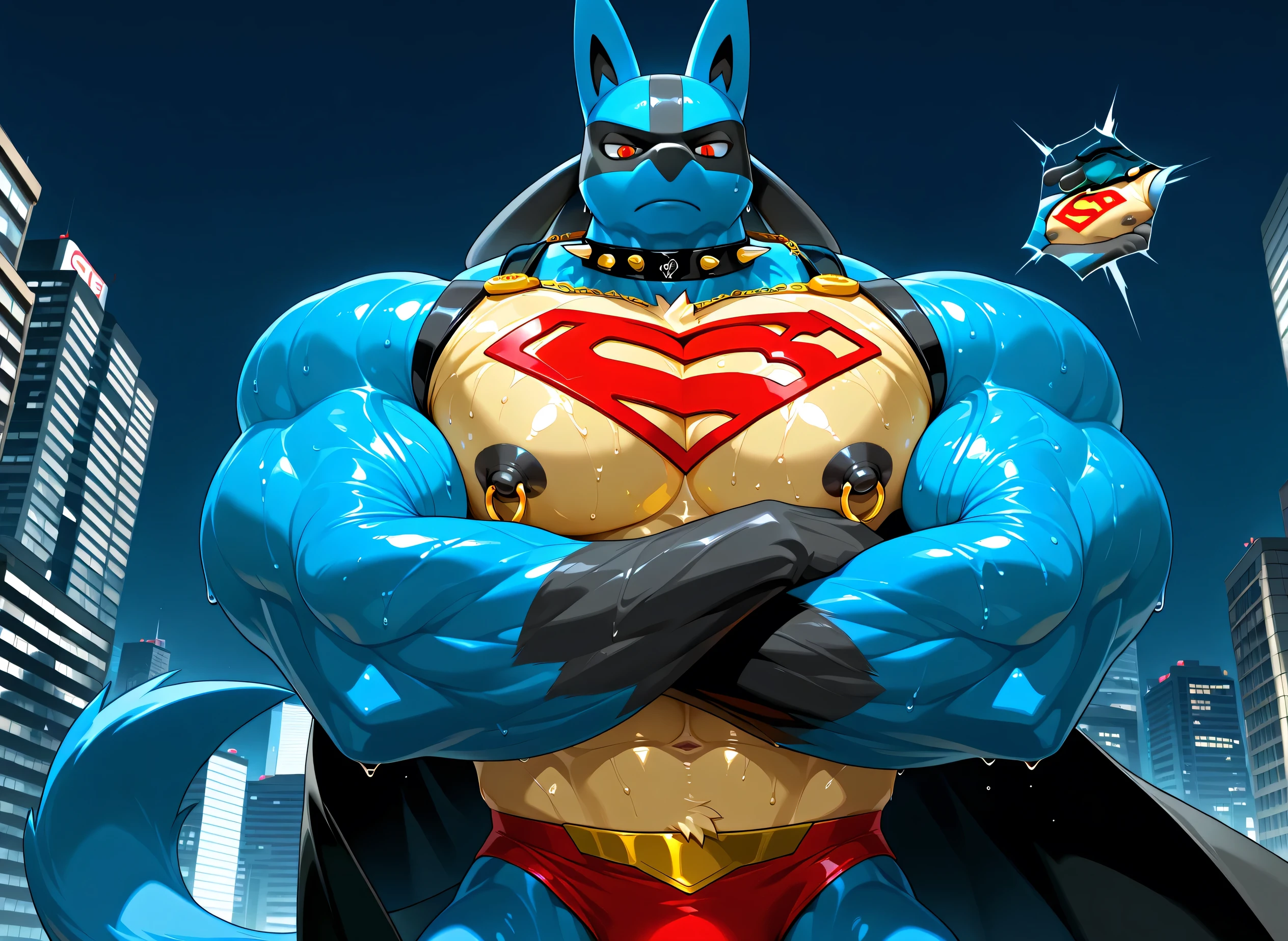 kemono, by null-ghost, by zixiong, solo, male, tail, Lucario, anthro, black nipples, big nipples, gold nipple rings, sweaty, handsome, broad shoulders, broad chest, huge muscular, posing, thick neck, thick arms, blue arms, pectorals crushing city, bedroom eyes, looking at viewer, furious, macro, city, buildings, wearing gold chains around neck, wearing a spiked collar on his neck, wearing superman outfit, superman symbol on center of chest, black cape, detailed background, sweaty, crossed arms, very low view, close shot of chest and face, body fills frame, BREAK score_9_up,score_8_up,score_7_up,score_6_up,score_5_up,score_4_up