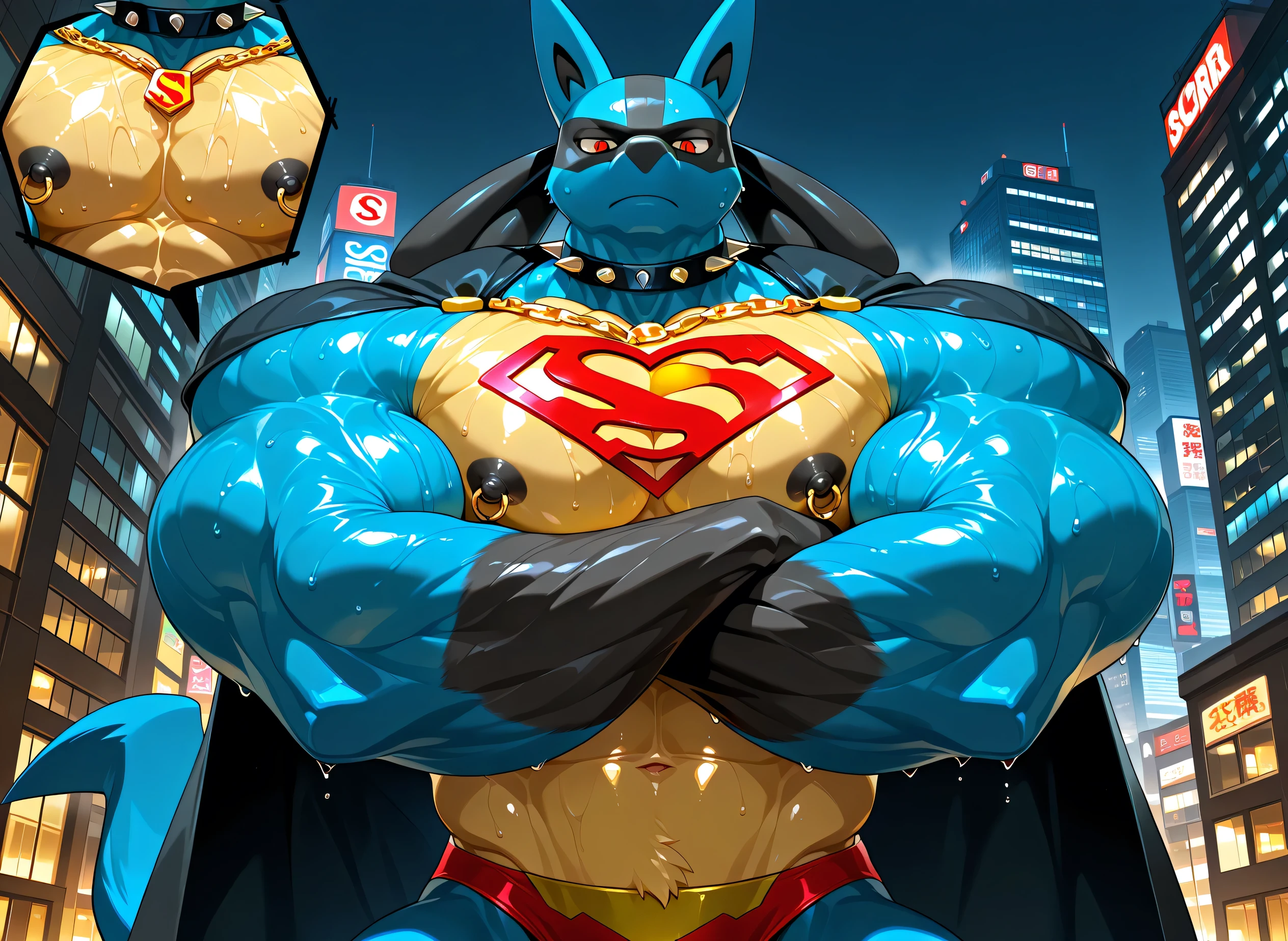kemono, by null-ghost, by zixiong, solo, male, tail, Lucario, anthro, black nipples, big nipples, gold nipple rings, sweaty, handsome, broad shoulders, broad chest, huge muscular, posing, thick neck, thick arms, blue arms, pectorals crushing city, bedroom eyes, looking at viewer, furious, macro, city, buildings, wearing gold chains around neck, wearing a spiked collar on his neck, wearing superman outfit, superman symbol on center of chest, black cape, detailed background, sweaty, crossed arms, very low view, close shot of chest and face, body fills frame, BREAK score_9_up,score_8_up,score_7_up,score_6_up,score_5_up,score_4_up