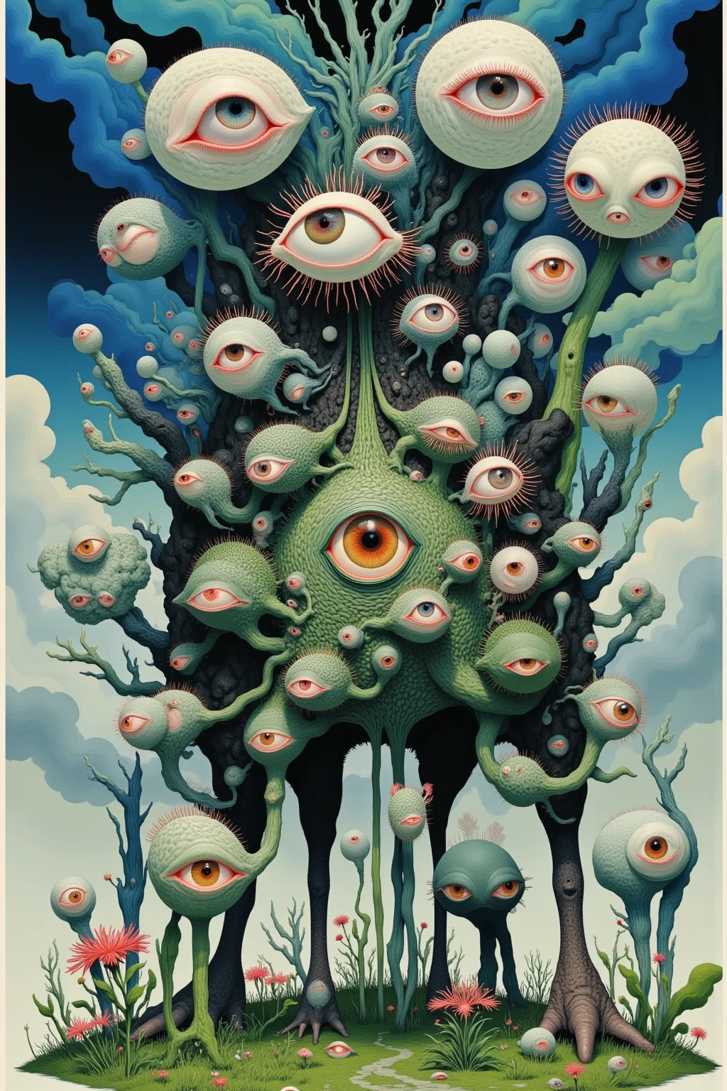 Mythical creatures, author:Zdzislaw Beksiński, Giant eyeballs,tons of corpses