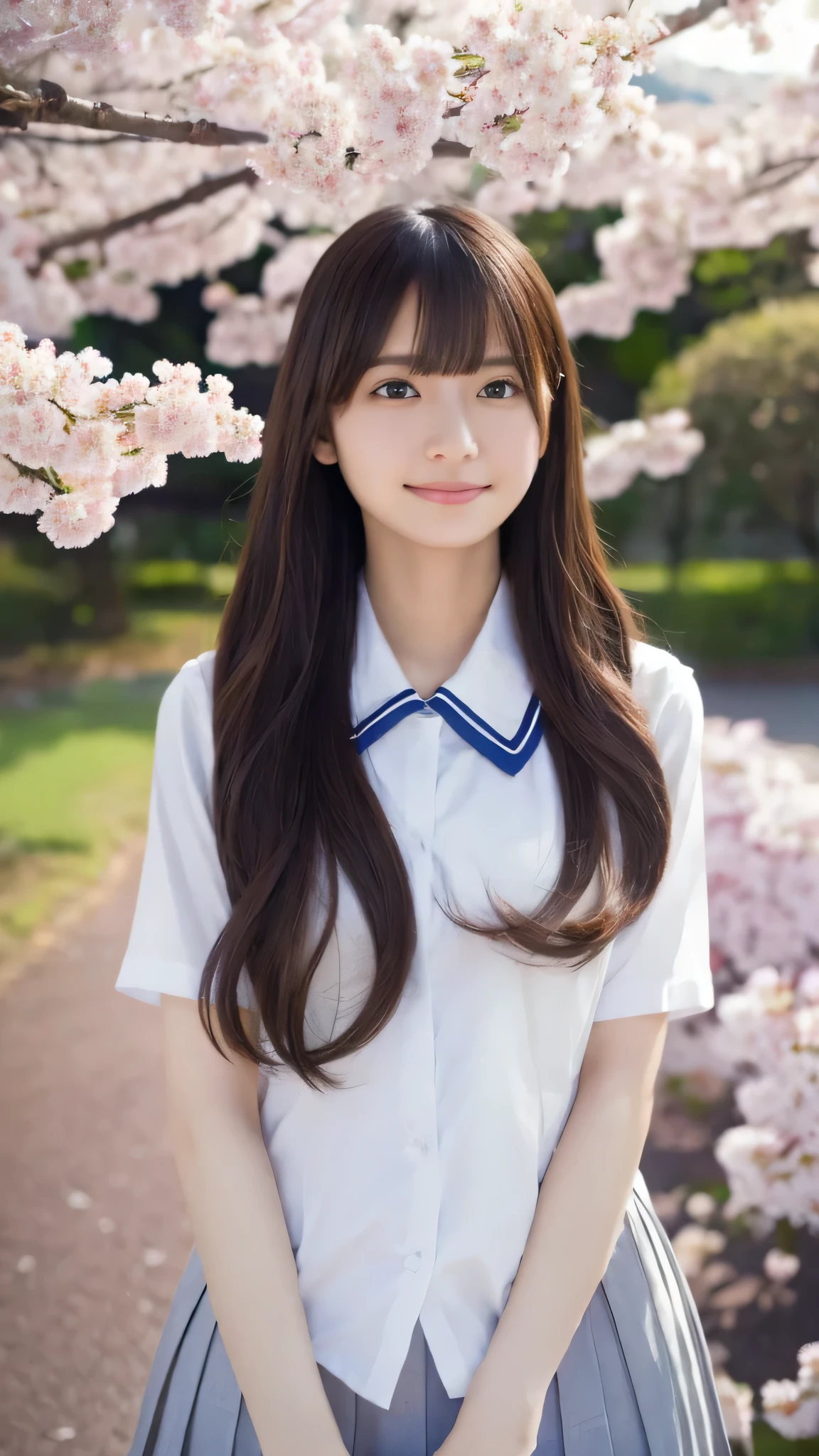  top quality、4K、8k、  high image quality、 Masterpiece:1.2、  very detailed、 
Genuine:1.37、  portrait、Gentle colors、Gentle Light、 beautiful girl、
 I wear long, flowing hair、 gentle face、
Thoughtful eyes 、  white skin、  happy expression、 great atmosphere 、  shirt、Subtle brushwork、Dreamy composition、  Look into the Distance 、  romantic atmosphere  、 achromatic  、 Soft Shadows 、  show their full body、 plump 
I can see cherry blossoms and Mt. Fuji in the background 、 wearing a high school uniform 、