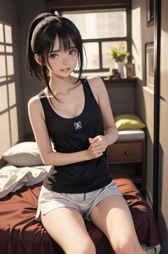 ((best quality)), ((masterpiece)), (detailed), perfect face. Black hair. Ponytail. Anime girl. Asian girl. Black eyes. Ulzzang. Tanktop. Bedroom. Spread legs. Vagina. she plays her pussy with her fingers