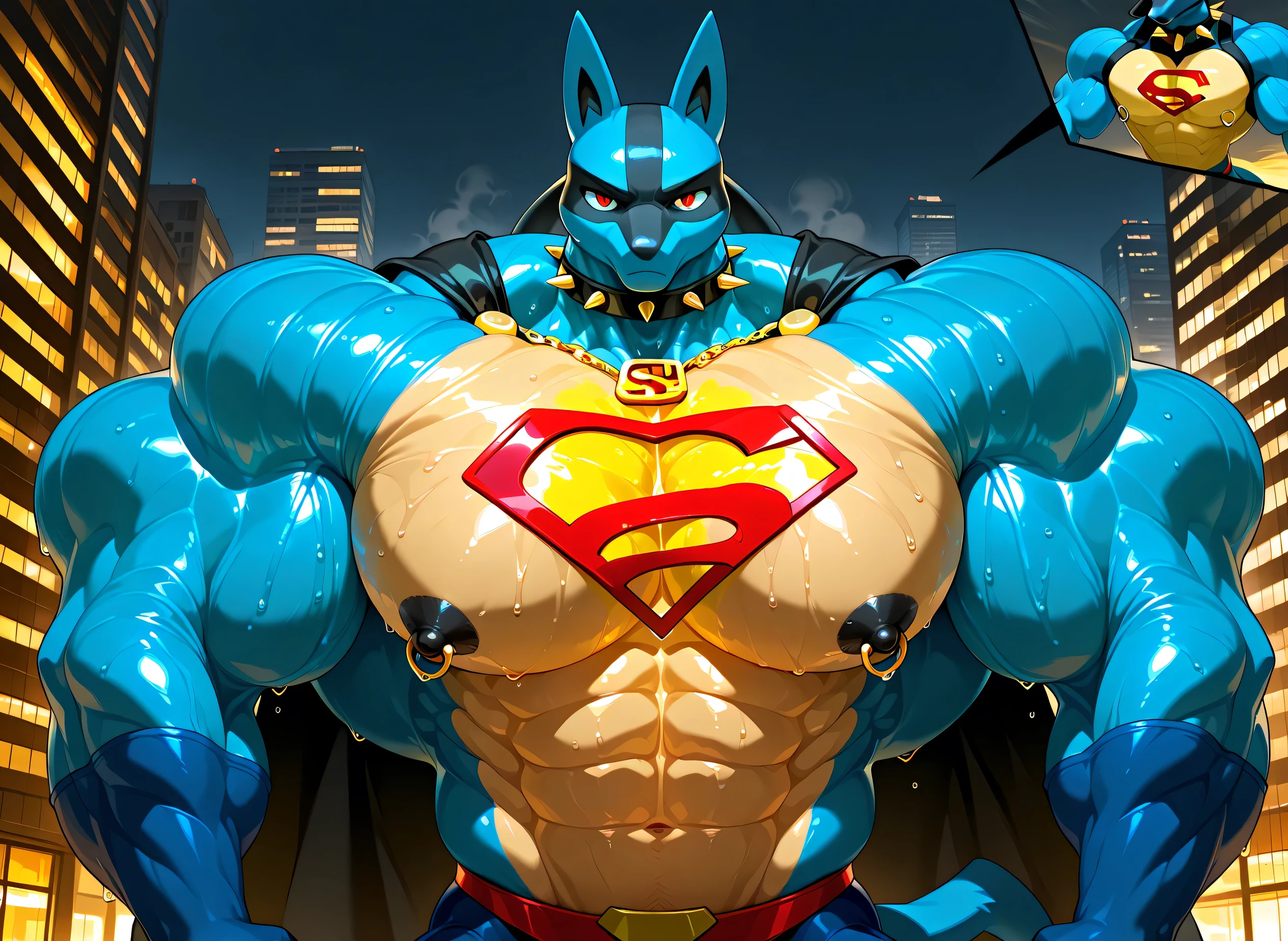 kemono, by null-ghost, by zixiong, solo, male, tail, Lucario, anthro, black nipples, big nipples, gold nipple rings, sweaty, handsome, broad shoulders, broad chest, huge muscular, posing, thick neck, thick arms, blue arms, pectorals crushing city, looking at viewer, furious, macro, city, buildings, wearing gold chains around neck, wearing a spiked collar on his neck, wearing superman outfit, superman symbol on center of chest, black cape, detailed background, sweaty, flexing chest, very low view, close shot of chest and face, body fills frame, BREAK score_9_up,score_8_up,score_7_up,score_6_up,score_5_up,score_4_up