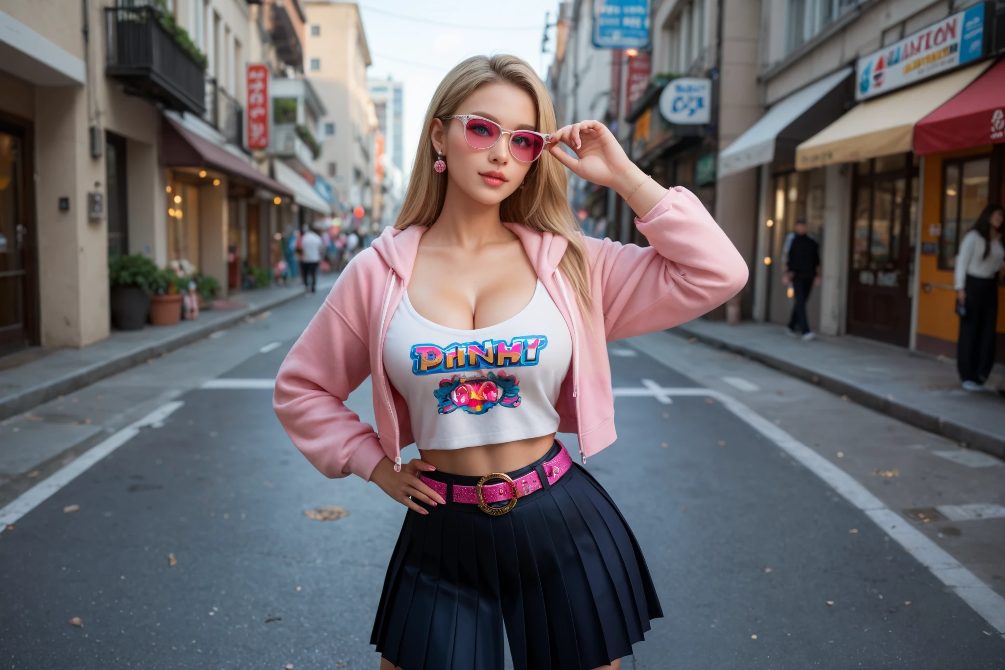 Photorealistic perfect body、Ultra-high image quality、Ultra-high realistic image quality、(a baby face:1.5)、(Solo)、(Harajuku Street Fashion:1.3)、(Harajuku fashion:1.3)、(Kawaii Style)、(Pink Harajuku Tops:1.4)、(Black Plaid Super Mini Skirt:1.3)、(Chain Belt:1.2)、(kneehigh boots:1.3)、(huge-breasted:1.4)、(cleavage of the breast:1.7)、Waist slender、(Parted bangs)、(arms in arms:1.3)、(Light hair color)、(Cowboy Shot、In the calf)、(good lighting)、(blurry backround)、(grin)、Gal Style Makeup、Gal style earrings、Gal style bracelet、(Gal style necklace、Double Necklace:1.3)、Downtown、(facing front:1.5)