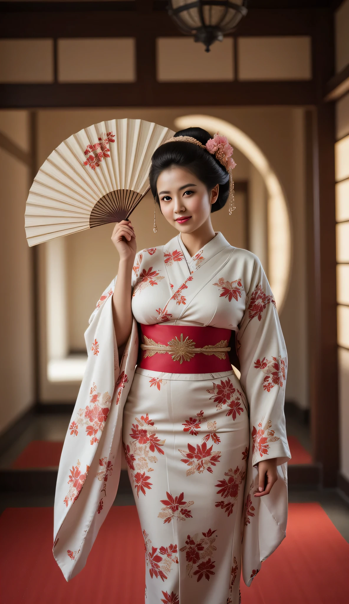 **Prompt:** Create a symmetrically balanced wide-angle image that captures the essence of the ancient folk beautiful traditional oiran in ancient japan era. The focal point of the scene is a hyper-realistic busty and lively ancient courtesan geisha Japanese woman, portrayed as a folk busty chubb Japanese geisha. She exudes charm with a gentle blush and a warm smile, dressed in a beautifully shaped traditional Japanese kimono dress 👘 that accentuates her figure, complemented by an elegantly tied obi. In her hand, she gracefully displays a large, intricately designed folding fan that catches the light, enhancing the richness of the image. The composition features wide central leading lines, drawing the viewer's eye into the magnificent interior of an ancient Japanese palace, adorned with traditional architecture. The soft lighting envelops the scene, providing a full depth of field that brings the details to life—from the shiny texture of her hair to the realistic depiction of her hands with accurately portrayed fingers. The artistic style draws inspiration from modeling photography, with influences from platforms like ArtStation and DeviantArt, creating an ultra-realistic 3D computer graphics vibe infused with elements of silkPunkAi artwork for lifelike texture depth. The image should be rendered in 8K ultra high-definition quality to showcase every intricacy and detail, presenting a RAW photo-like experience that invites admiration and wonder. Keywords to emphasize: Tokugawa era, hyper-realistic, ancient Japanese woman, folk busty geisha, traditional kimono obi, intricately folding fan, ancient Japanese palace, soft lighting, modeling photography, ultra high-definition, lifelike texture depth.
