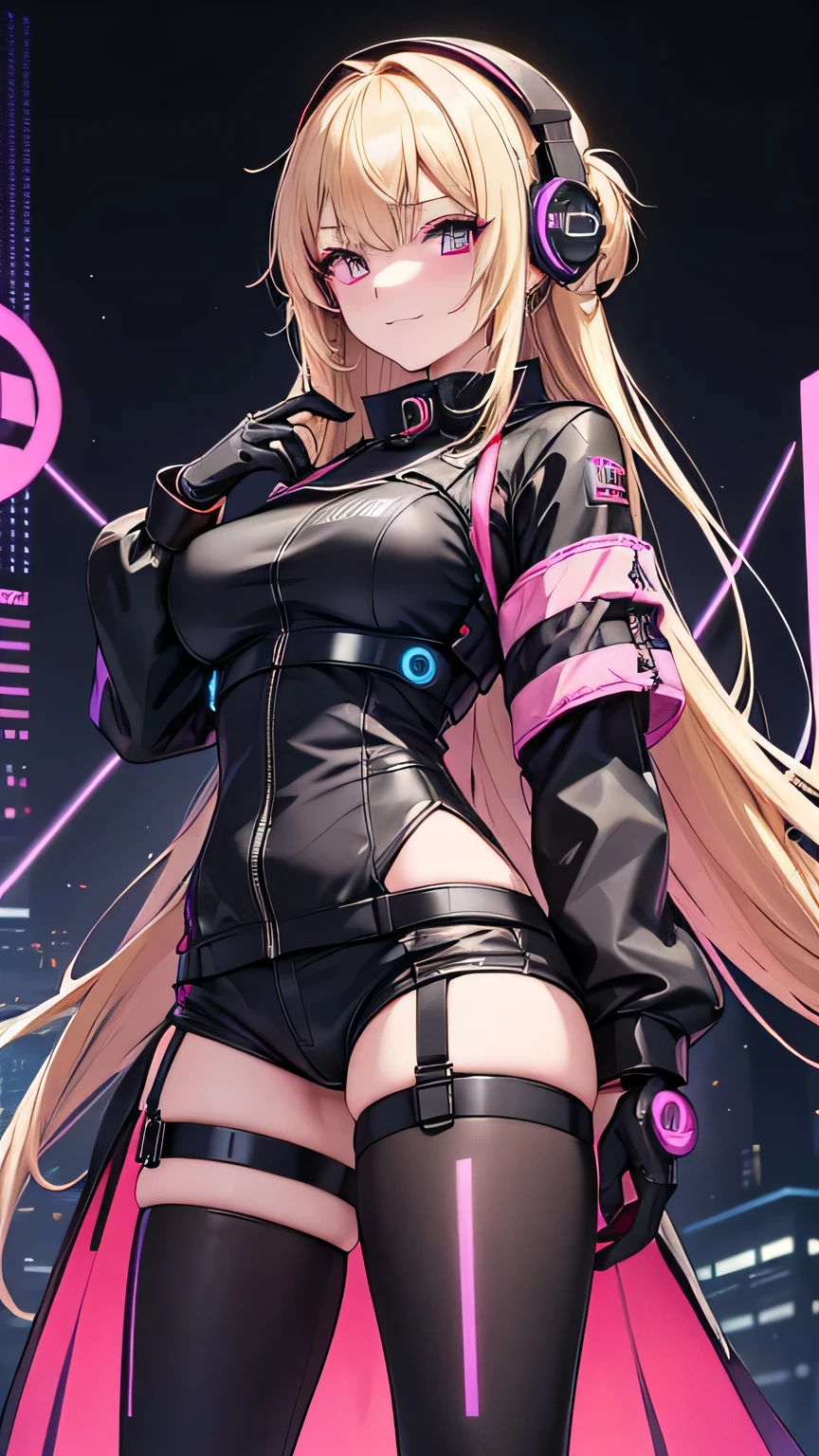 (highest quality), From above:1.2,1 person female, alone, Shining school swimsuit,double big round eyes,blonde, twin tails, red eyes, (black skin),blush,smile, (open chest:1.1),Cyberpunk world,dynamic composition,Big breasts,Socks above the knee,Muchimuchi,Psychedelic color scheme,iridescent sparkling background,rabbit ear headphones,turbo on the back,machine legs,rainbow colored screen,((complex machine cockpit)),look far away,profile,(armor in the form of a hoodie)